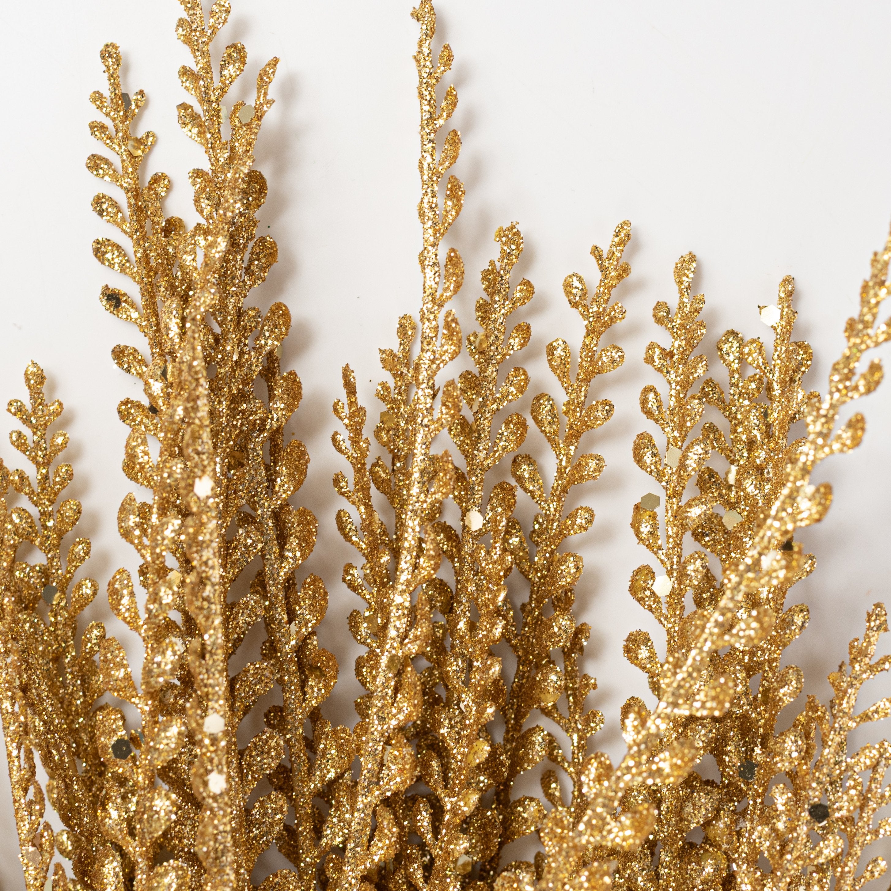 16" Glitter Plastic Button Fern Bush: Metallic Gold (5 Stem) Lifestyle Photo