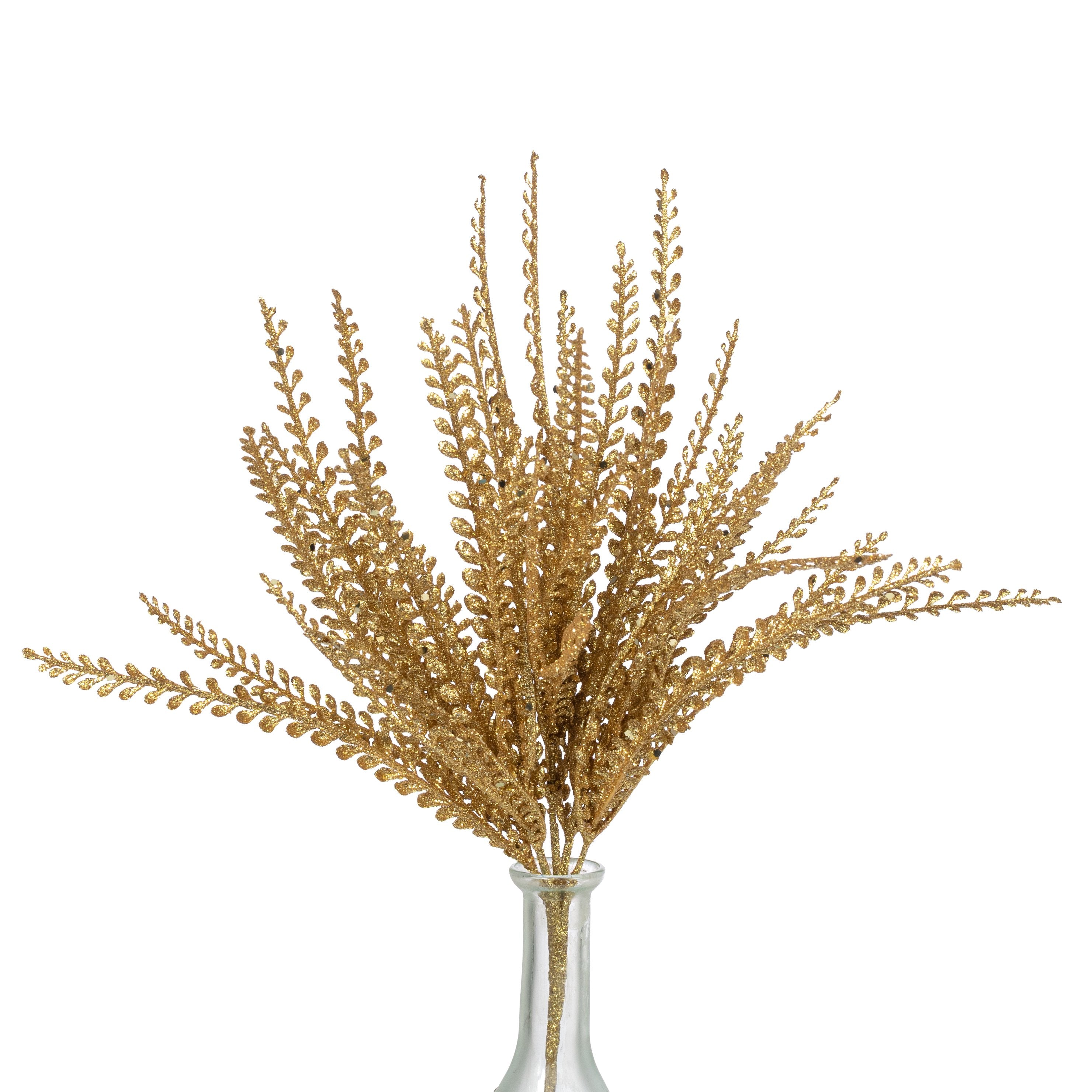 16" Glitter Plastic Button Fern Bush: Metallic Gold (5 Stem) Item Number: 86929GD