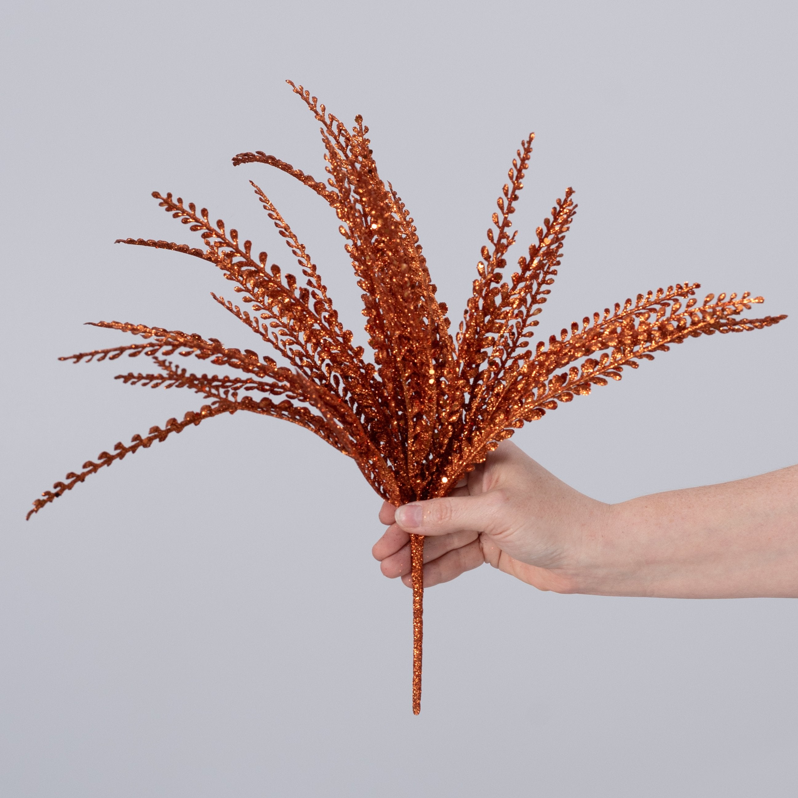 16" Glitter Plastic Button Fern Bush: Orange (5 Stem) detail photo 3