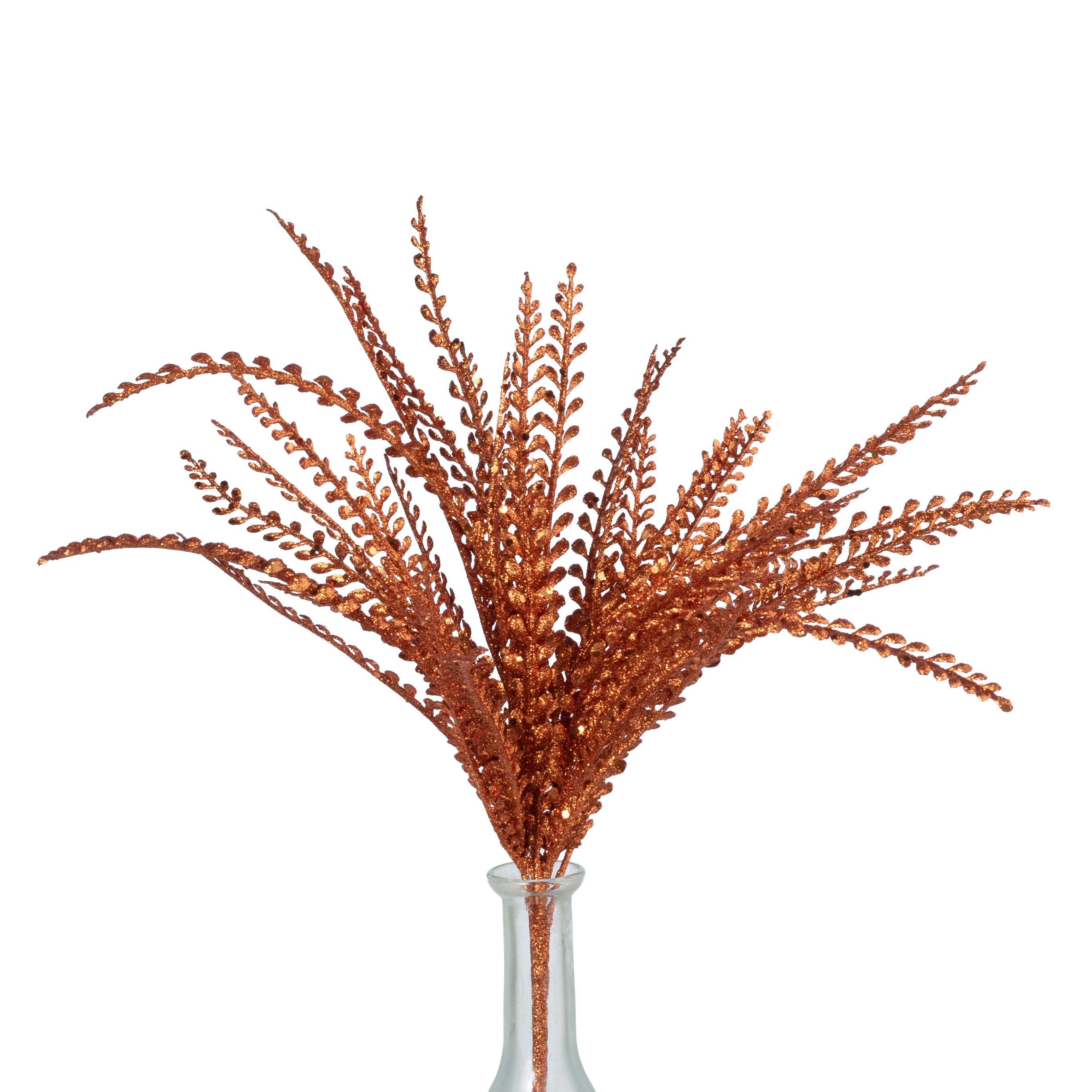 16" Glitter Plastic Button Fern Bush: Orange (5 Stem) Item Number: 57485OR