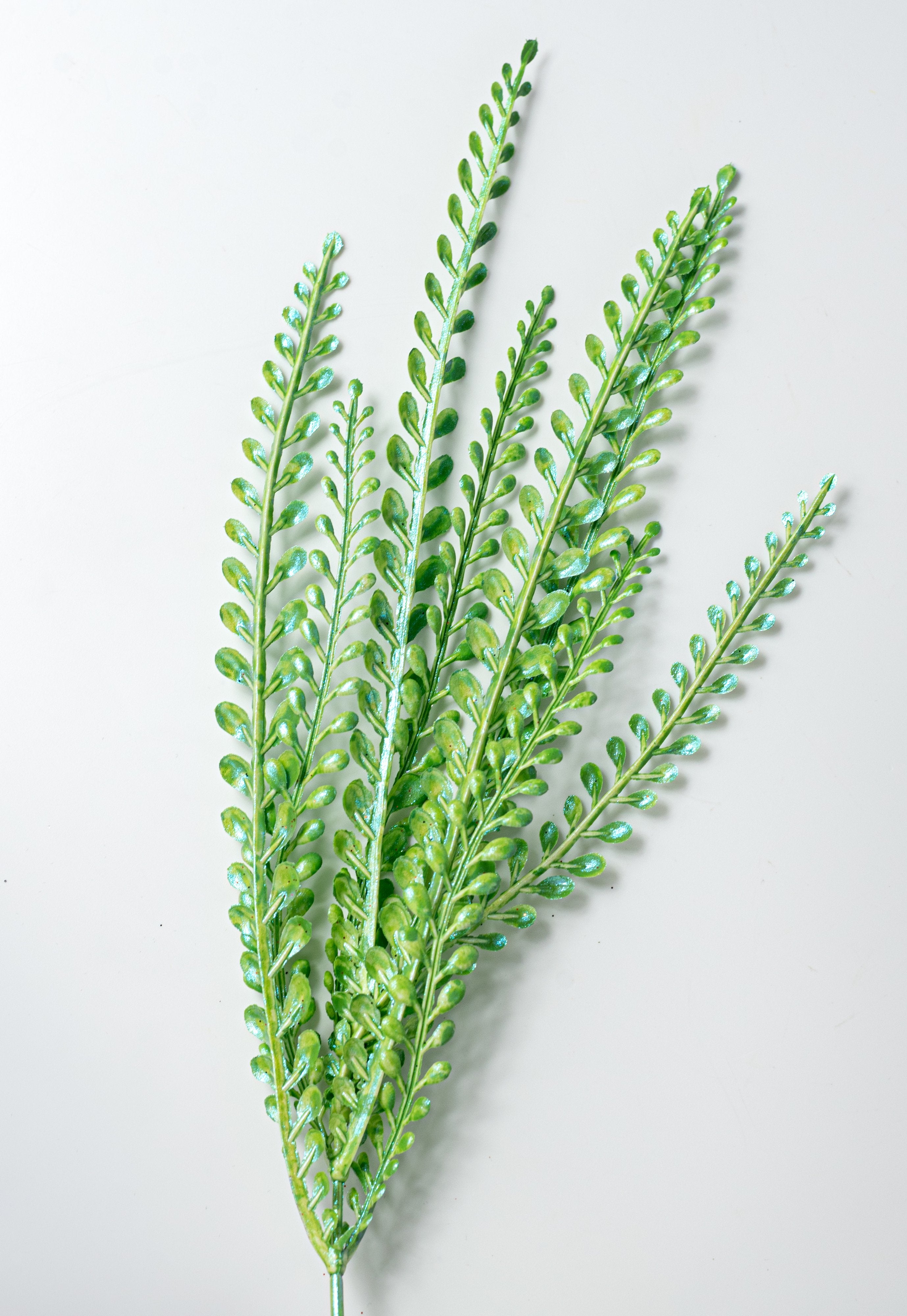 16" Plastic Leaf Button Fern Bush: Iridescent Green (5 Stem) detail photo 4