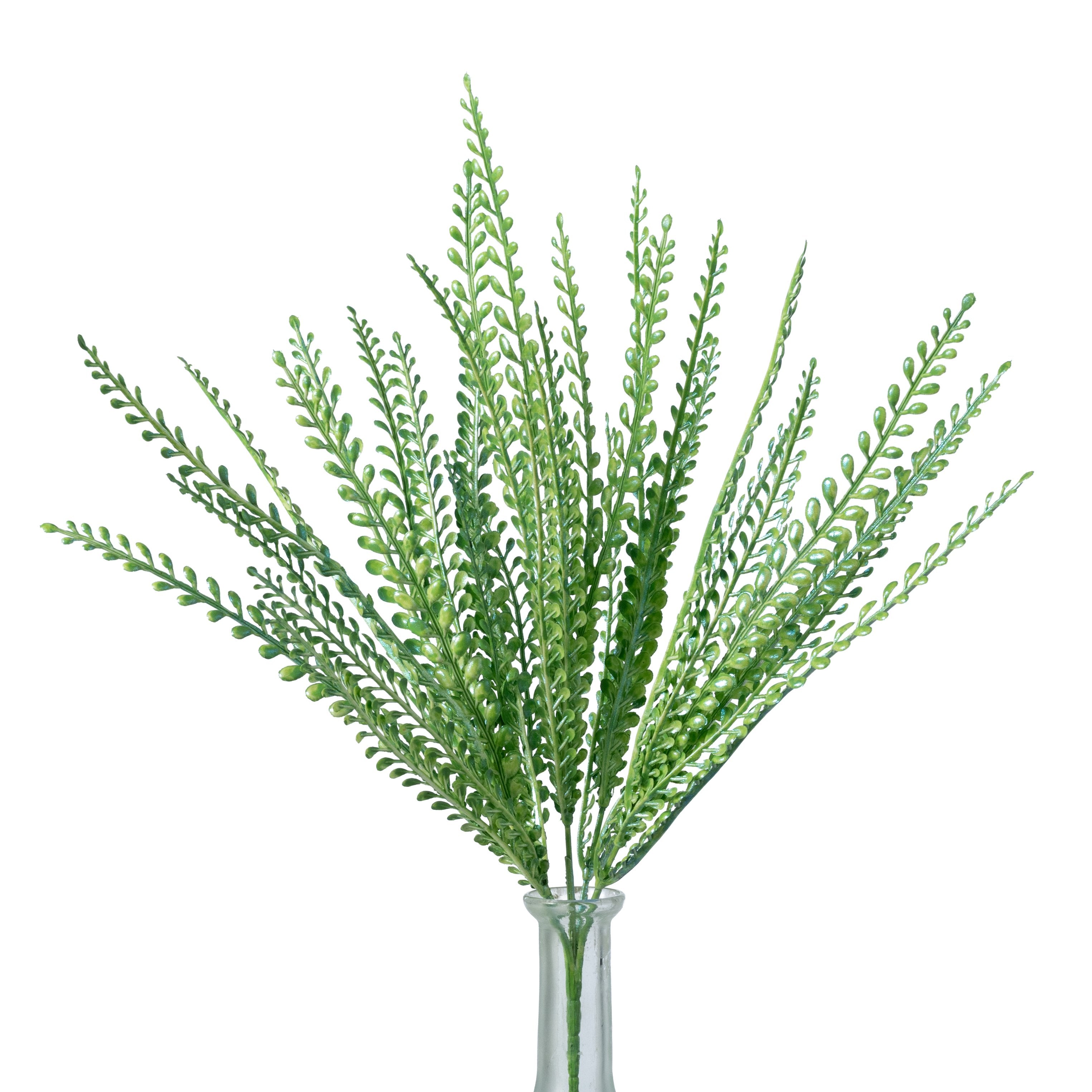 16" Plastic Leaf Button Fern Bush: Iridescent Green (5 Stem) Item Number: 57498GN