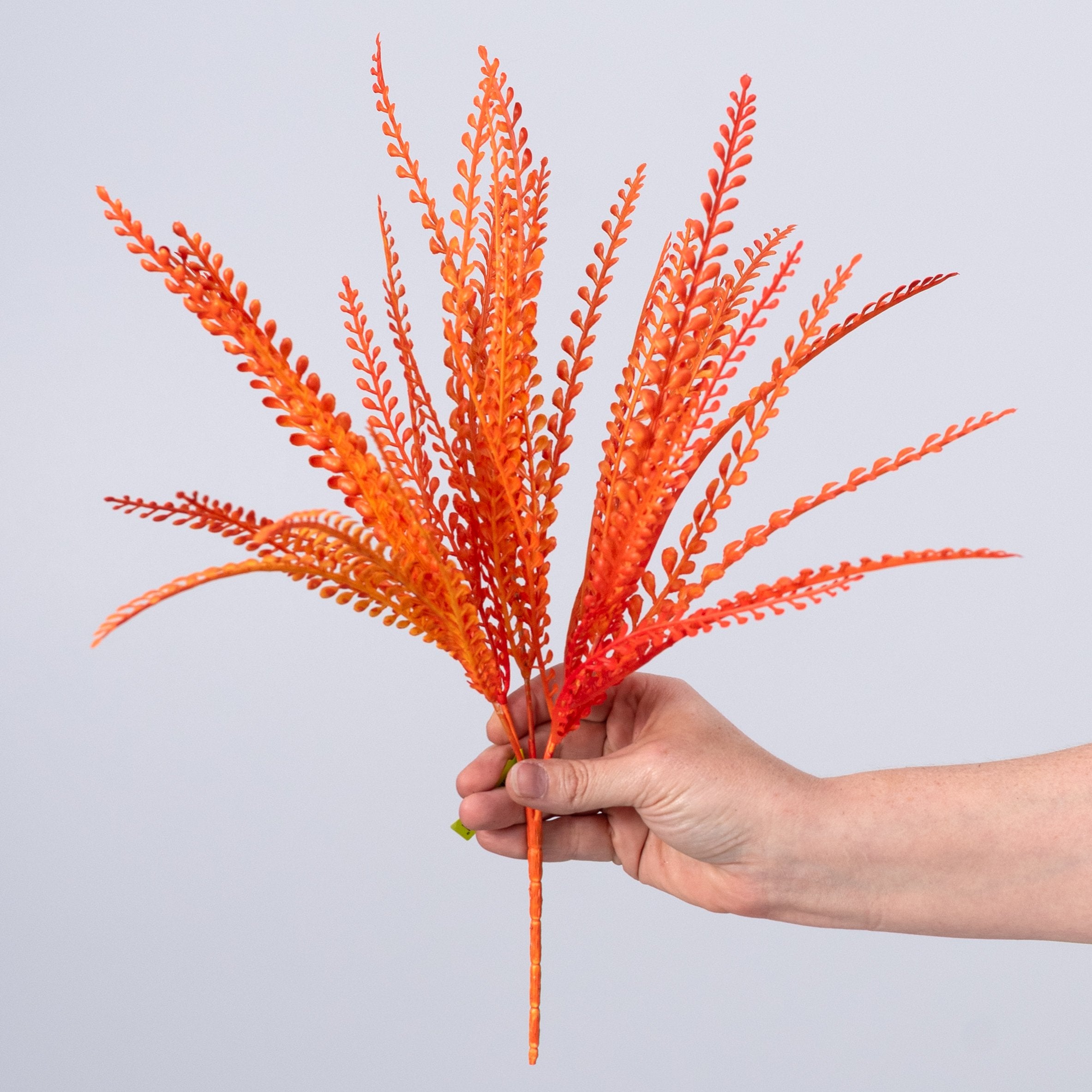 16" Plastic Leaf Button Fern Bush: Orange (5 Stem) detail photo 3