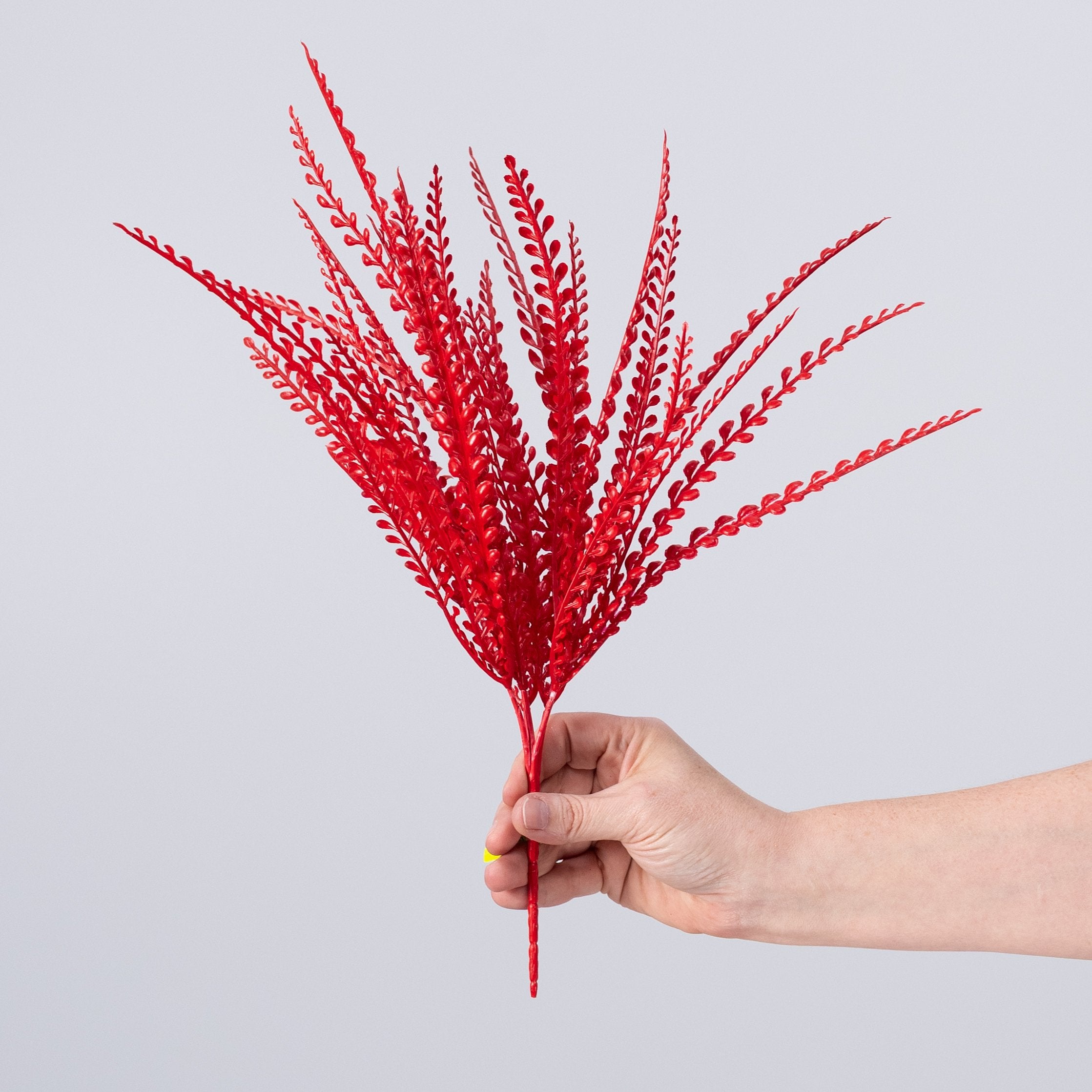 16" Plastic Leaf Button Fern Bush: Red (5 Stem) detail photo 3