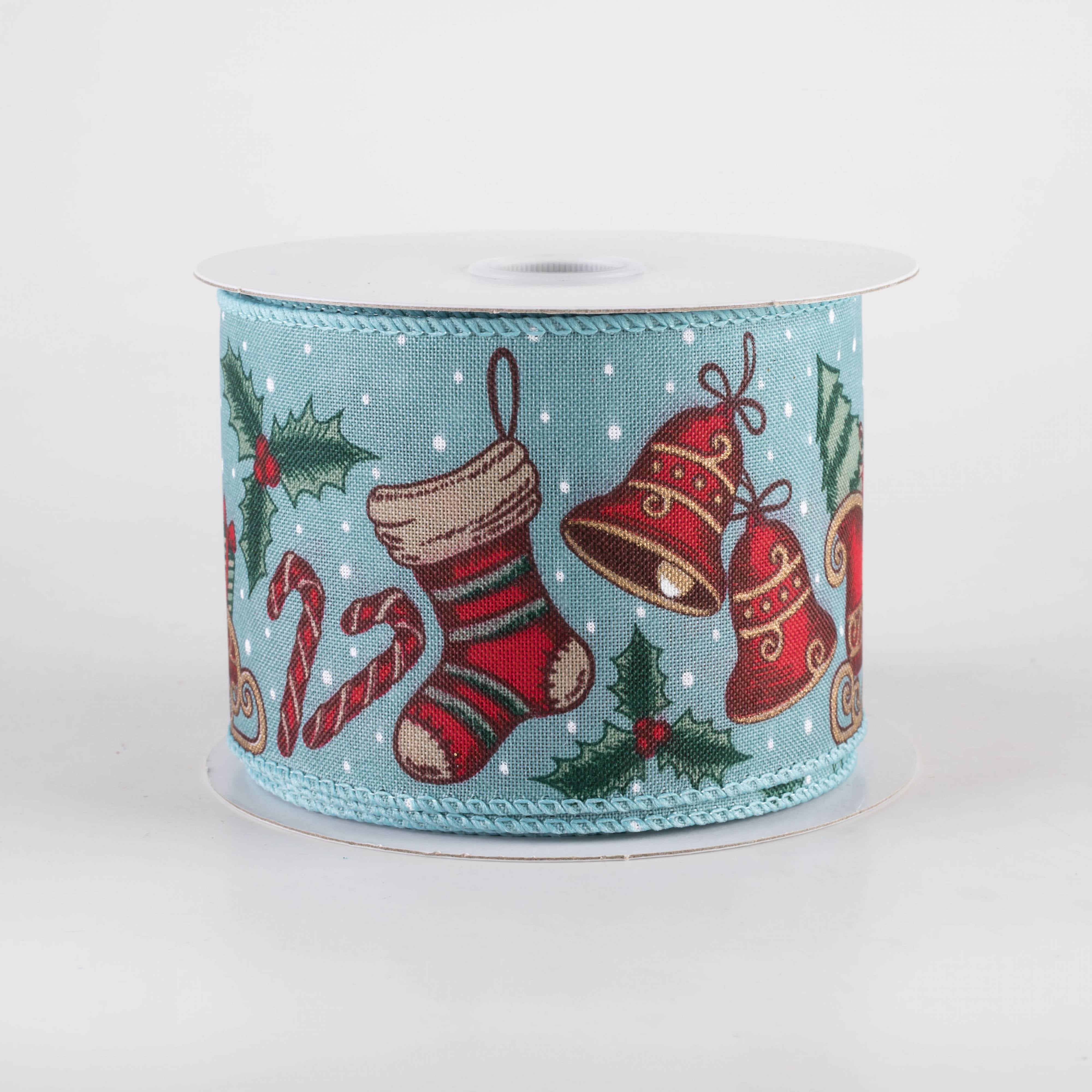 2.5" Linen Vintage Christmas Icons Ribbon: Dusty Blue (10 Yards)