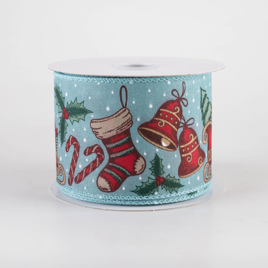 2.5" Linen Vintage Christmas Icons Ribbon: Dusty Blue (10 Yards)