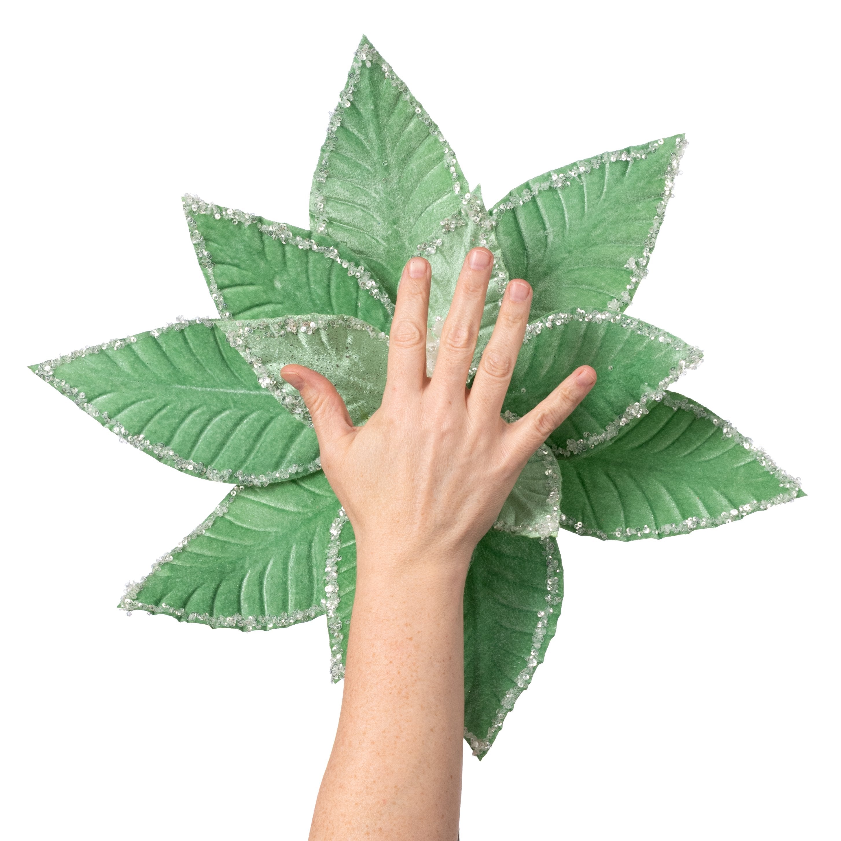 17" x 23" Iced Sequin Poinsettia Stem: Mint Green Lifestyle Photo