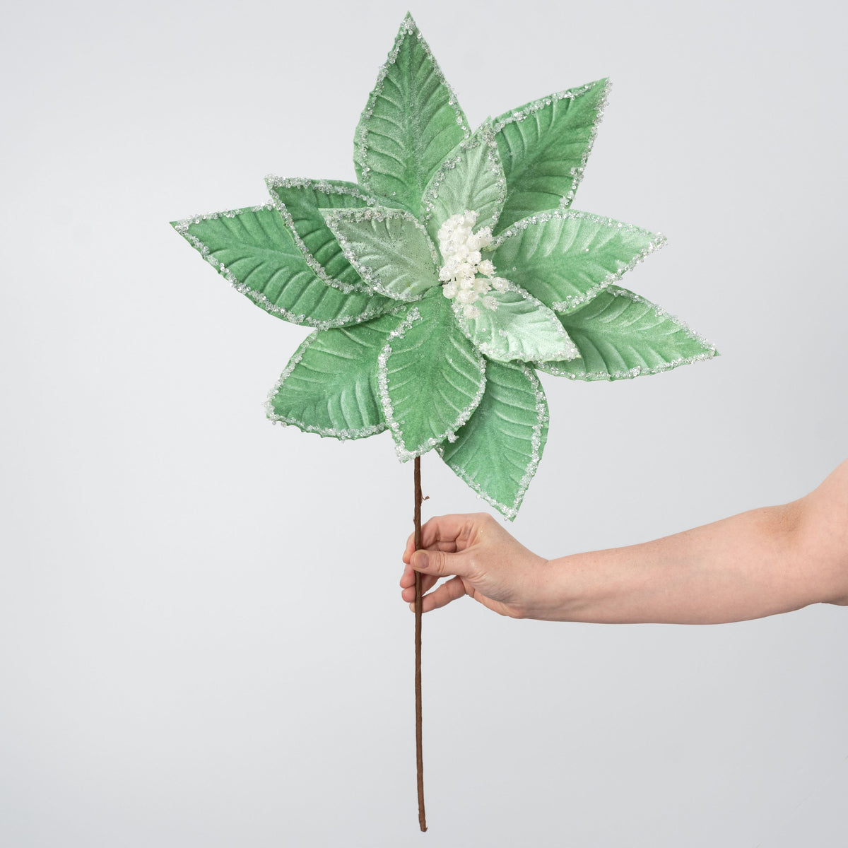 17" x 23" Iced Sequin Poinsettia Stem: Mint Green detail photo 3