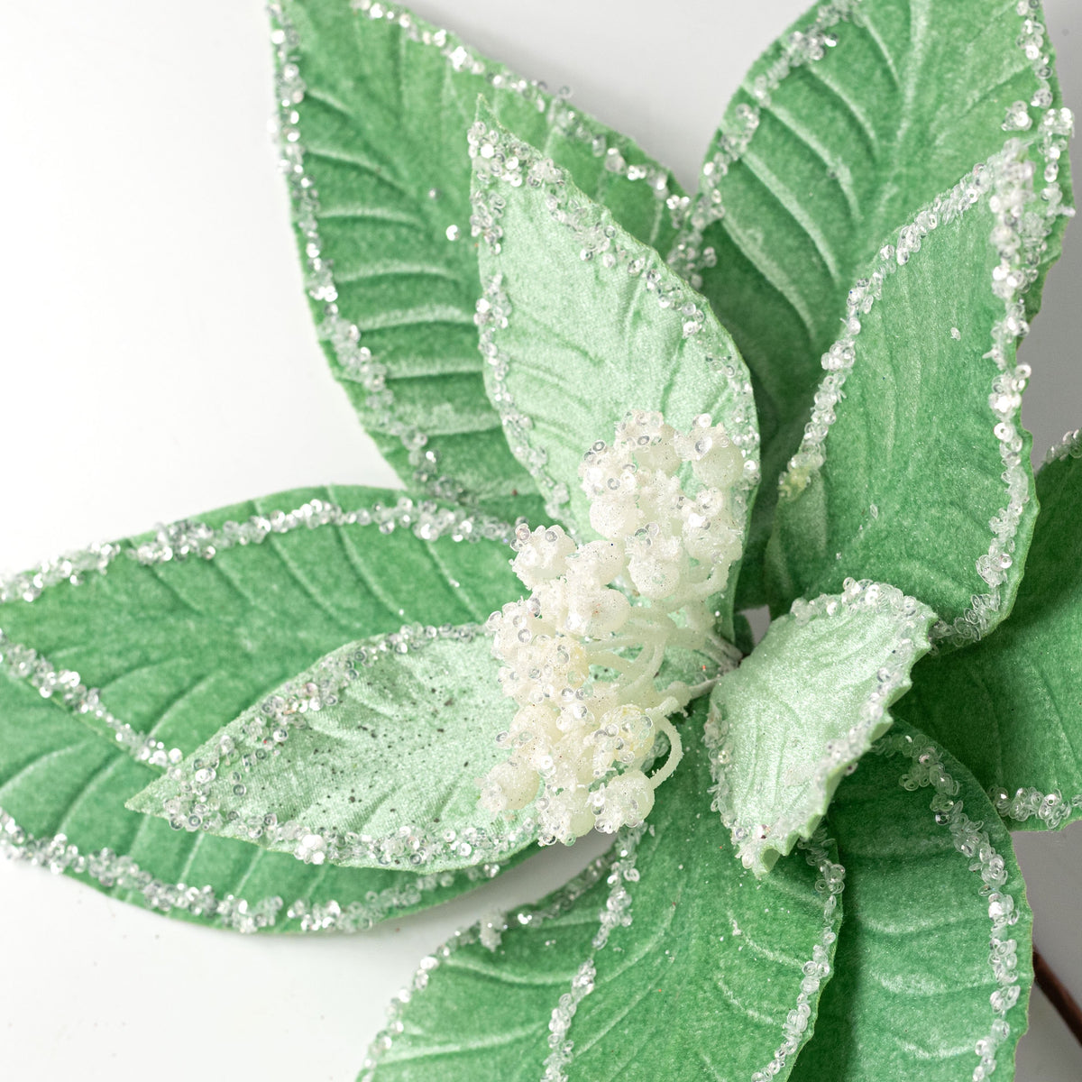 17" x 23" Iced Sequin Poinsettia Stem: Mint Green detail photo 5