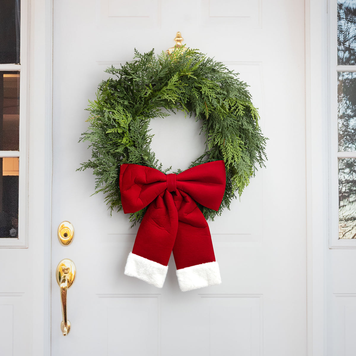 17.25" x 14" Red & White Velvet Faux Fur Bow Decoration Lifestyle Photo