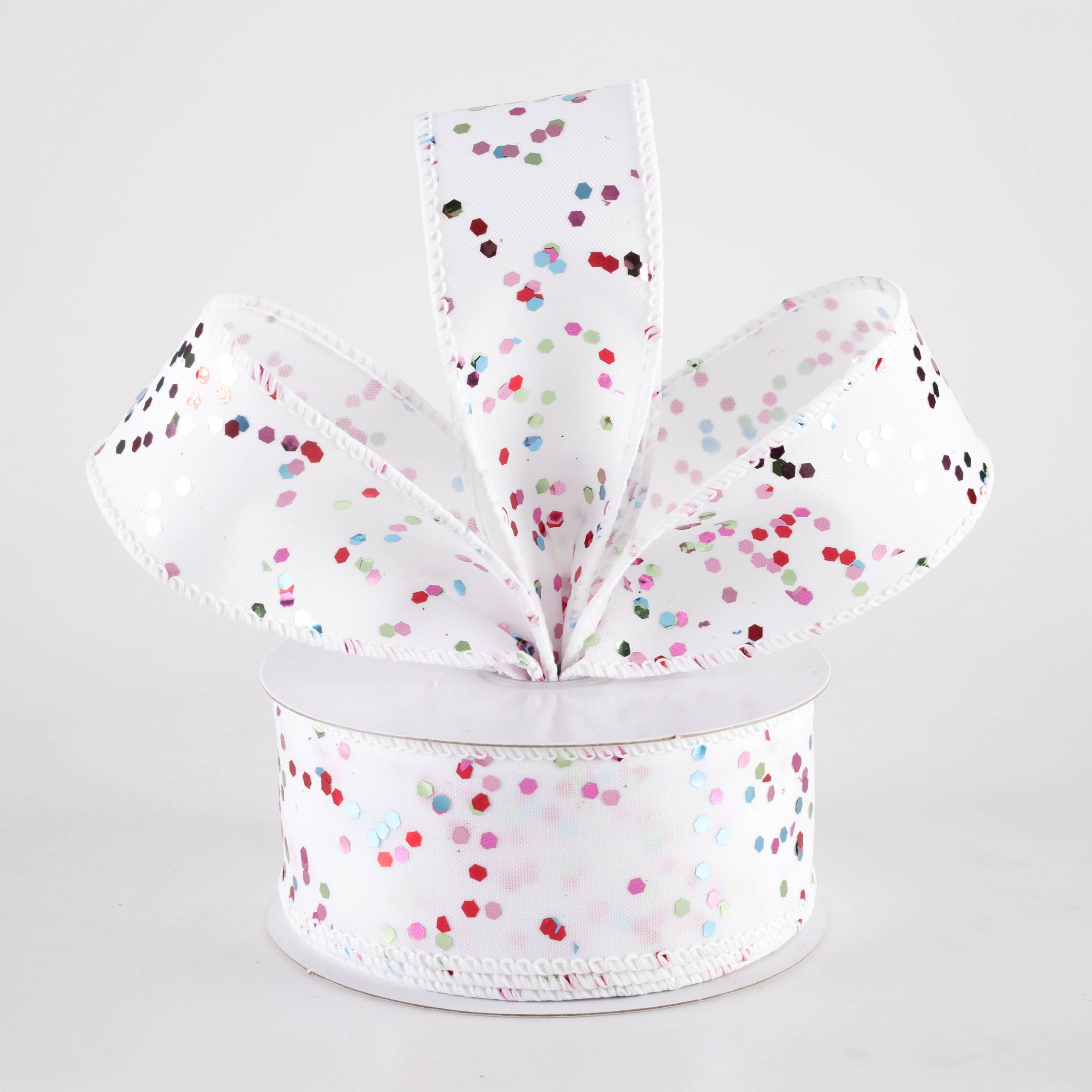 1.5" Hex Glitter on White Ribbon: Pastel Christmas (10 Yards)