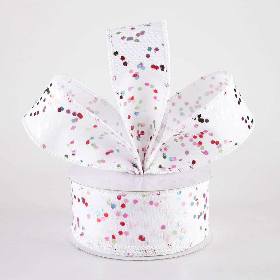 1.5" Hex Glitter on White Ribbon: Pastel Christmas (10 Yards)