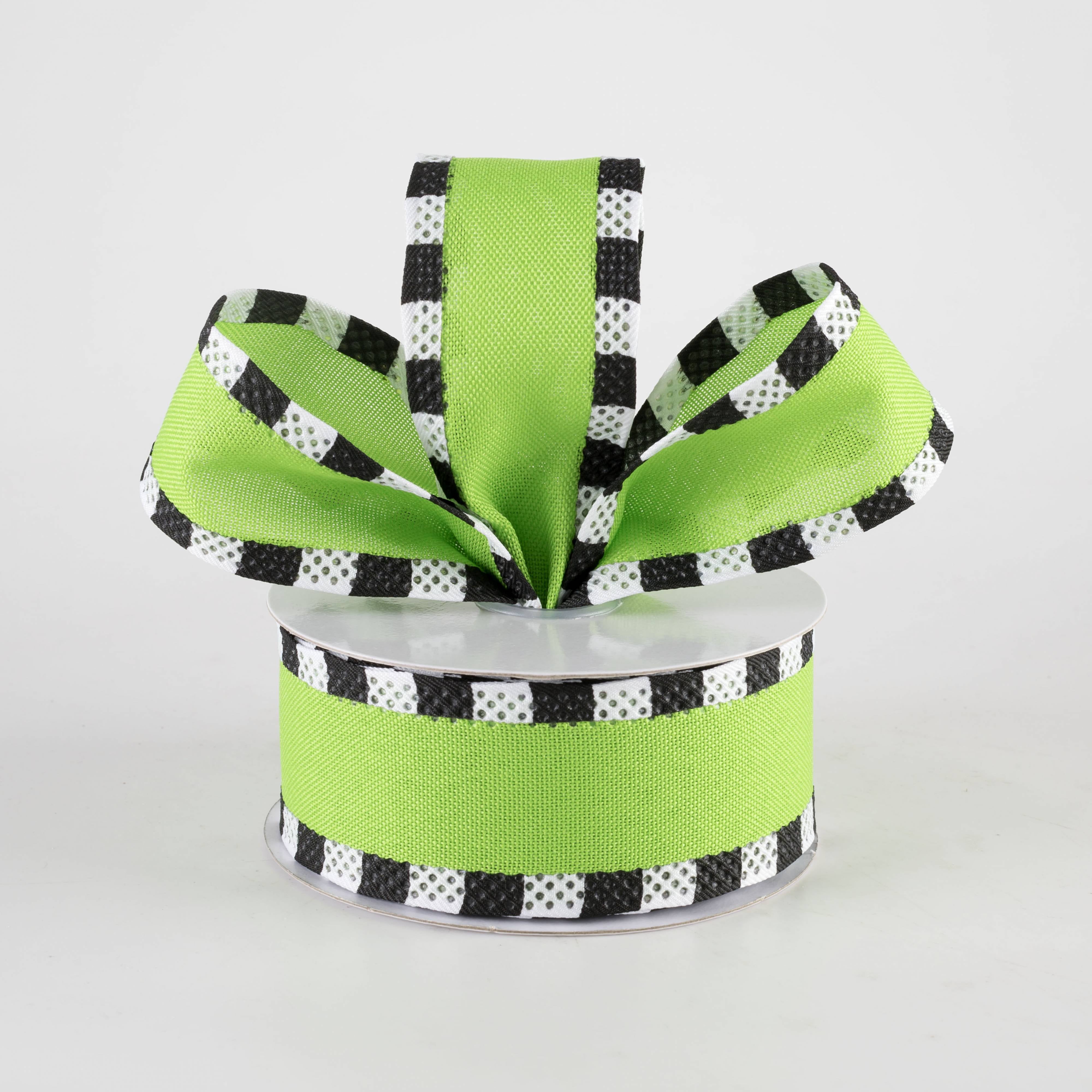1.5" Royal Canvas Dash Edge Ribbon: Fresh Green, Black & White (10 Yards)