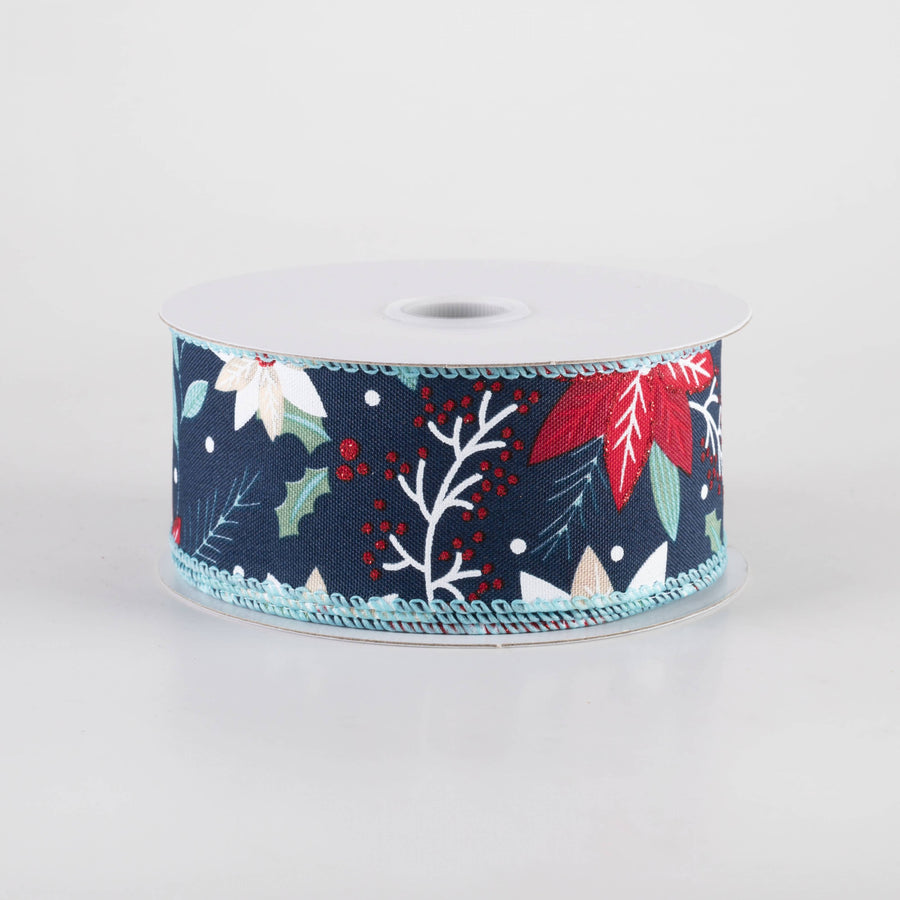 1.5" Holiday Poinsettia Ribbon: Navy (10 Yards)