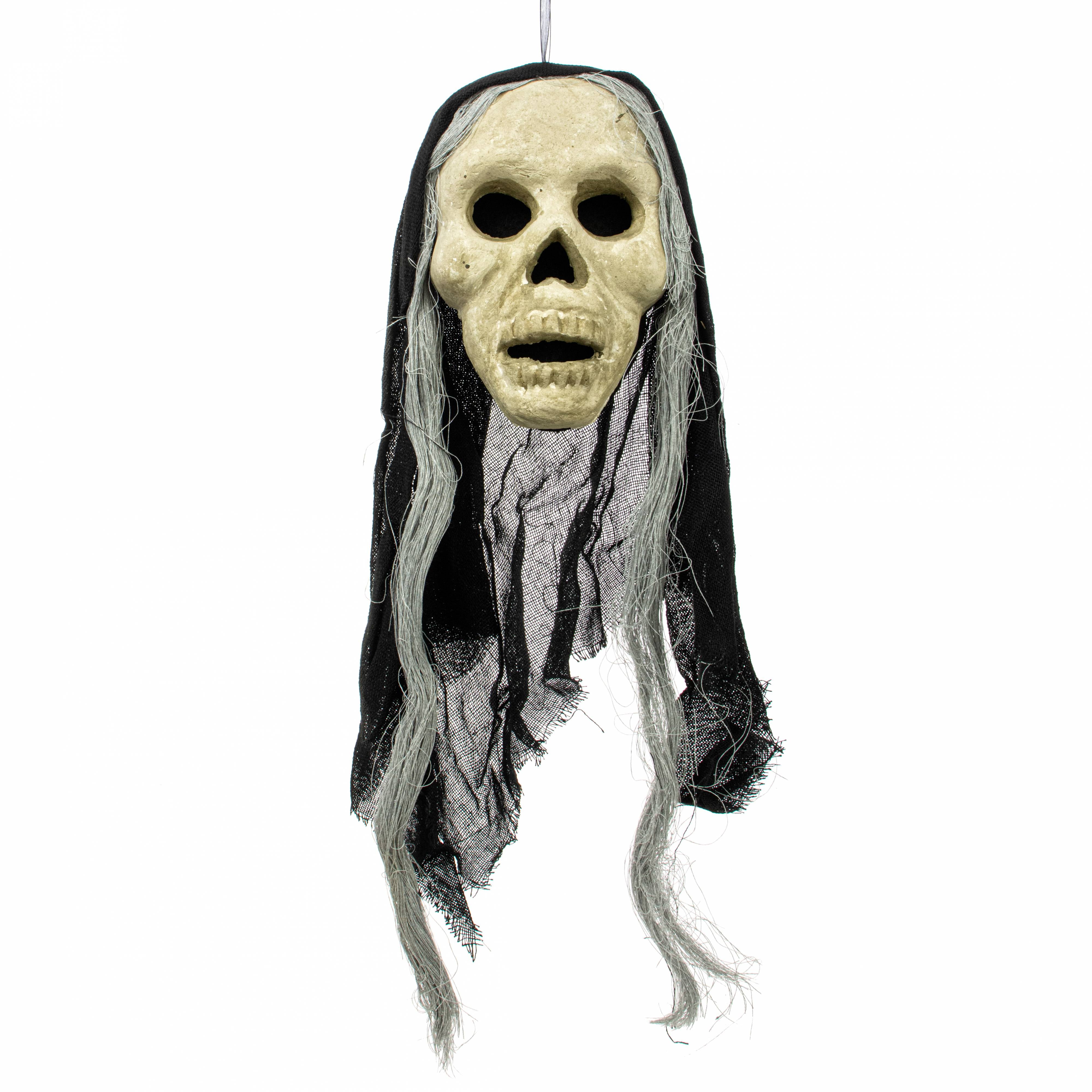 24" x 8" Styrofoam & Burlap Witch Skull: Grey & Black