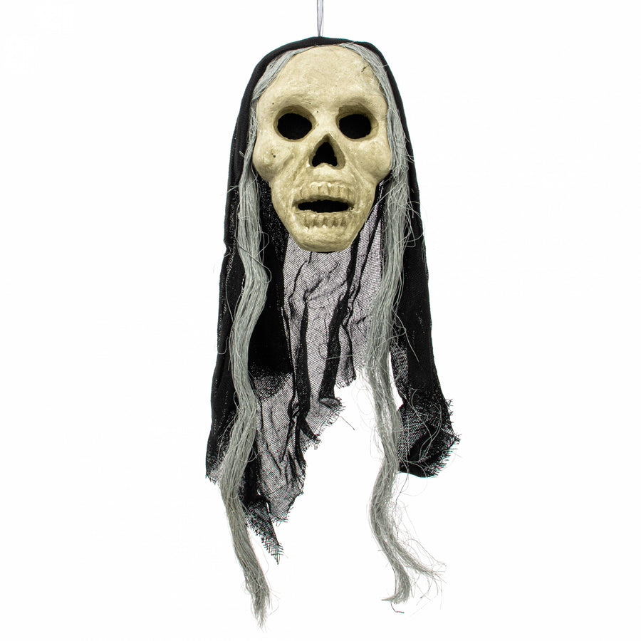 24" x 8" Styrofoam & Burlap Witch Skull: Grey & Black