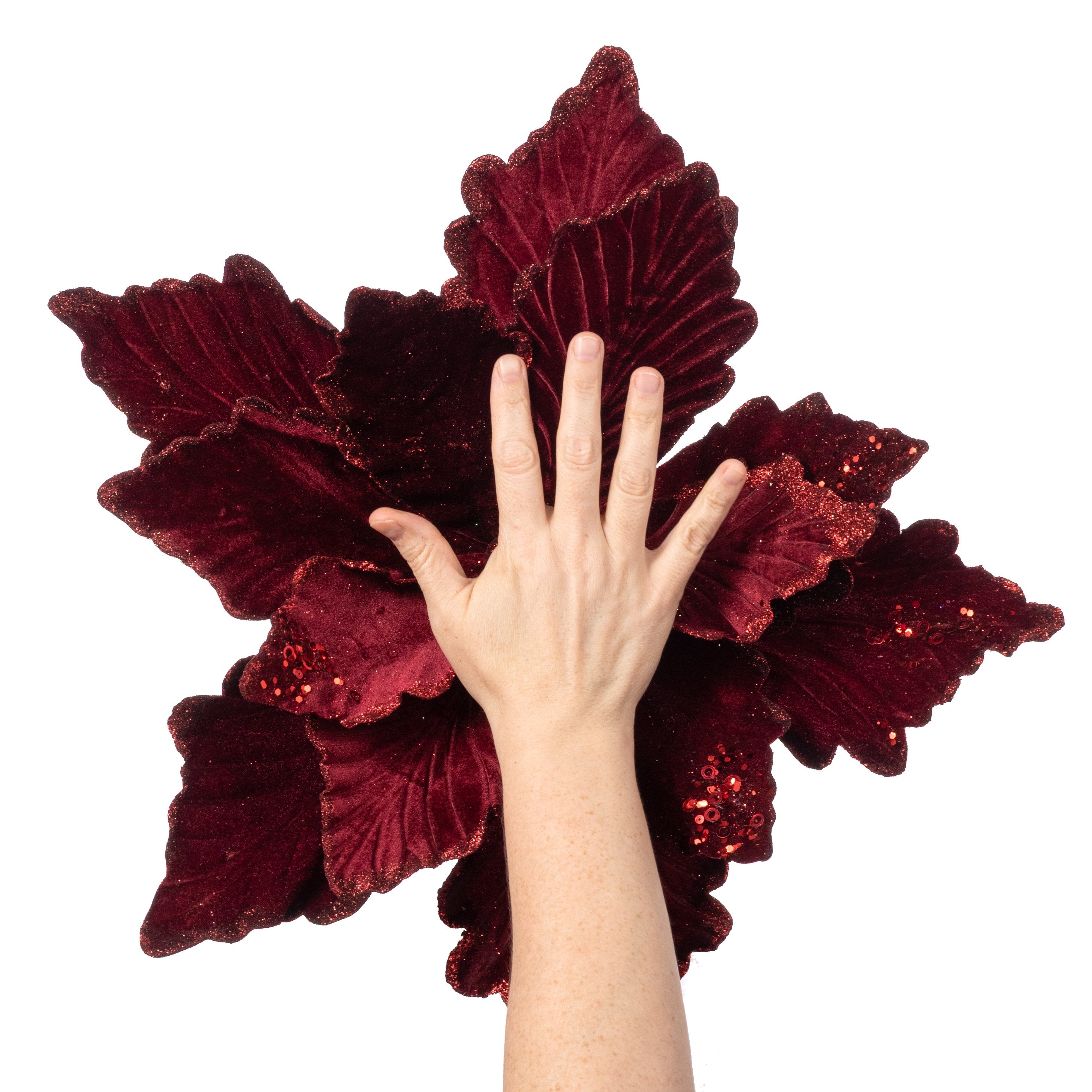 19" x 16" Deluxe Jumbo Velvet Poinsettia Stem: Burgundy Lifestyle Photo