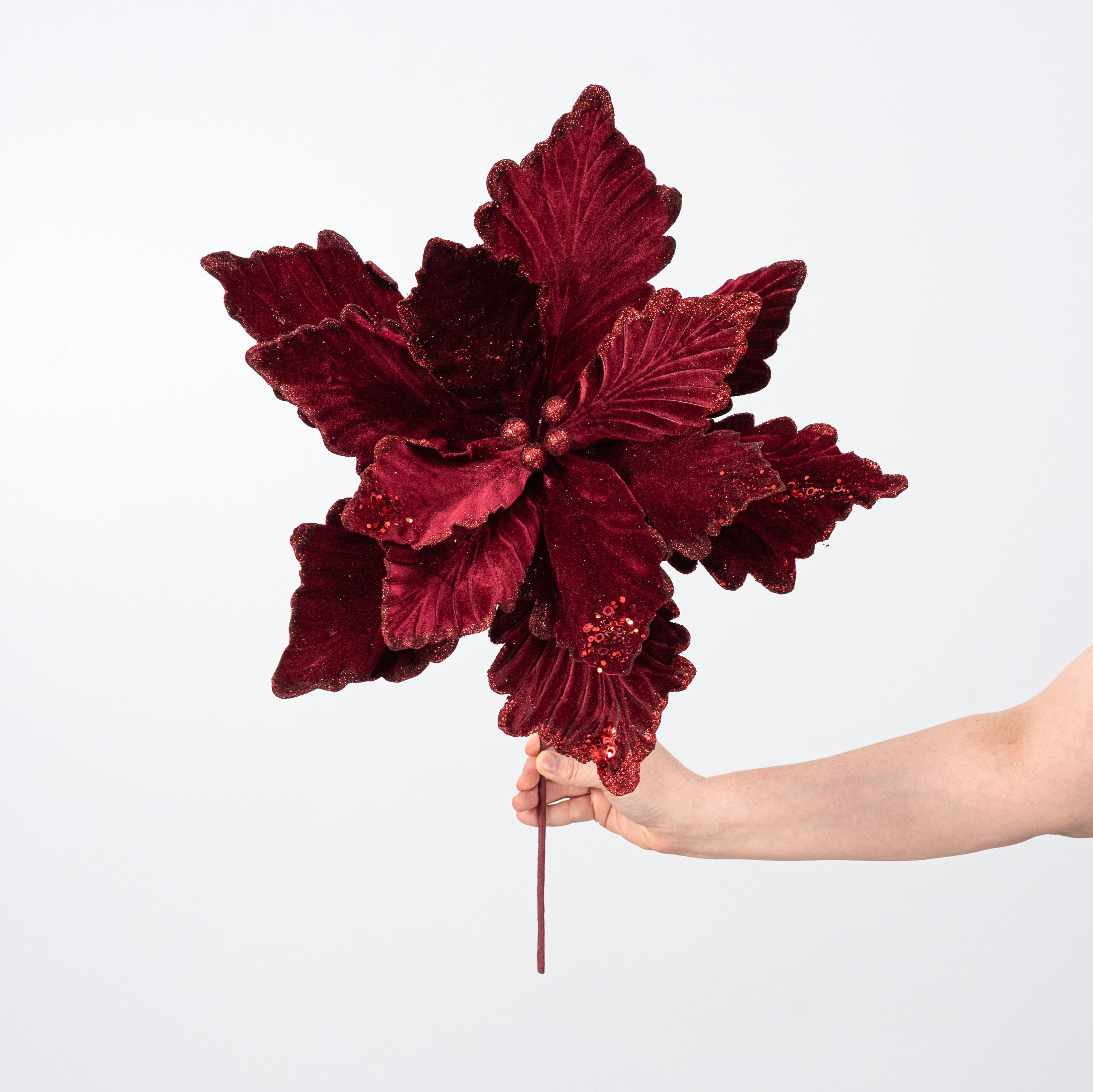 19" x 16" Deluxe Jumbo Velvet Poinsettia Stem: Burgundy detail photo 3