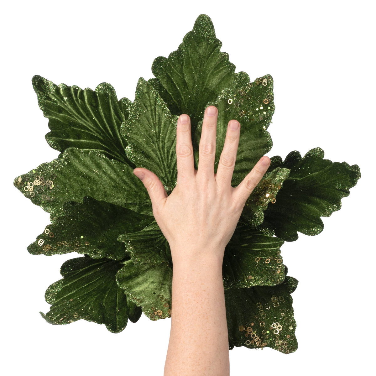 19" x 16" Deluxe Jumbo Velvet Poinsettia Stem: Moss Green Lifestyle Photo