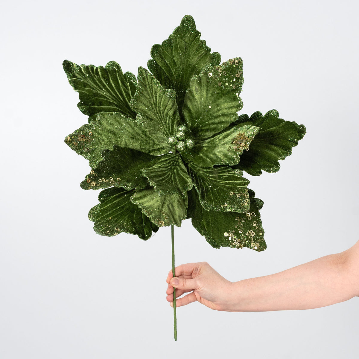 19" x 16" Deluxe Jumbo Velvet Poinsettia Stem: Moss Green detail photo 3