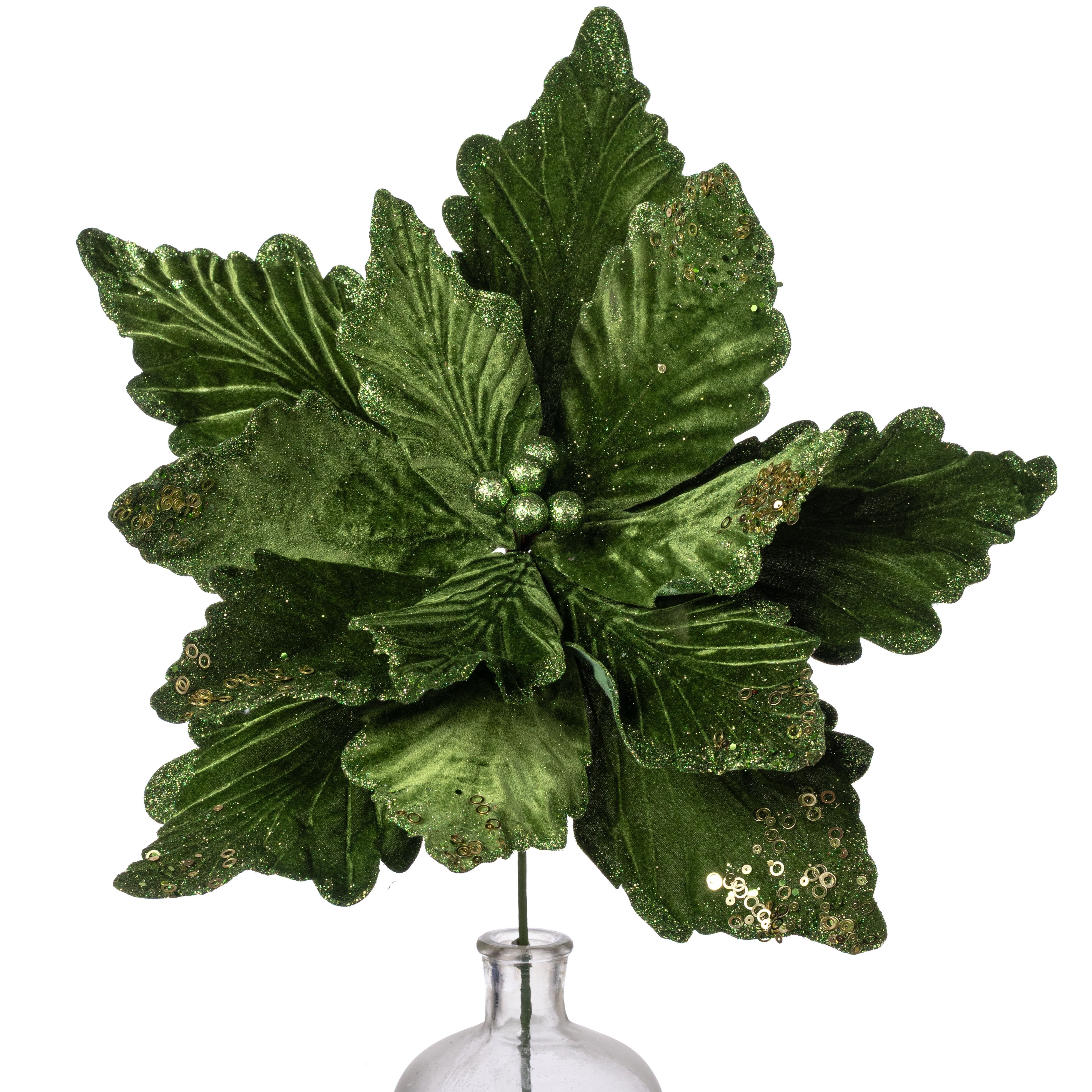19" x 16" Deluxe Jumbo Velvet Poinsettia Stem: Moss Green Item Number: XS401083