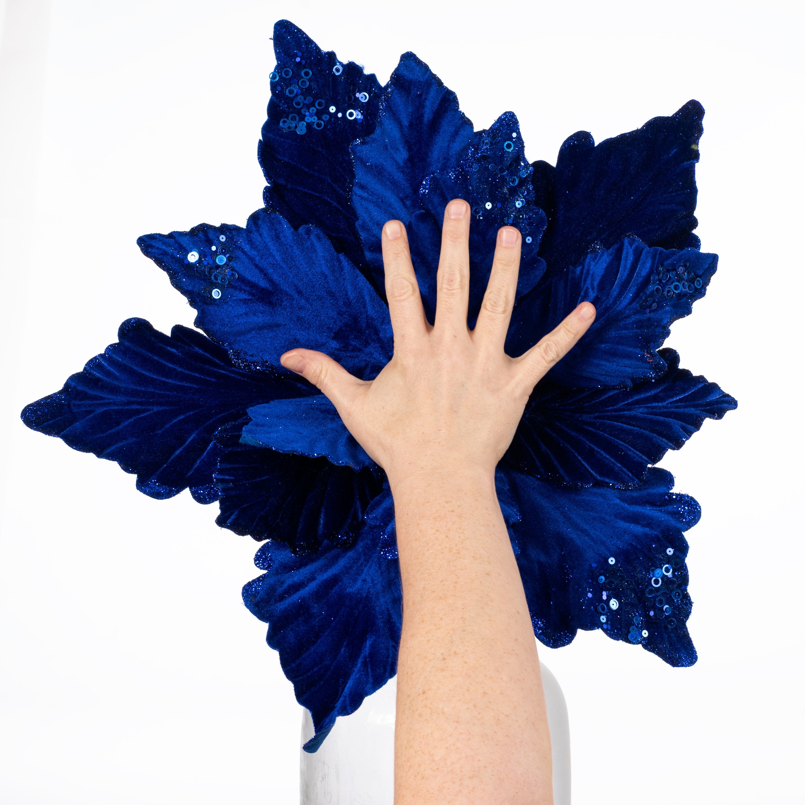 19" x 16" Deluxe Jumbo Velvet Poinsettia Stem: Royal Blue Lifestyle Photo