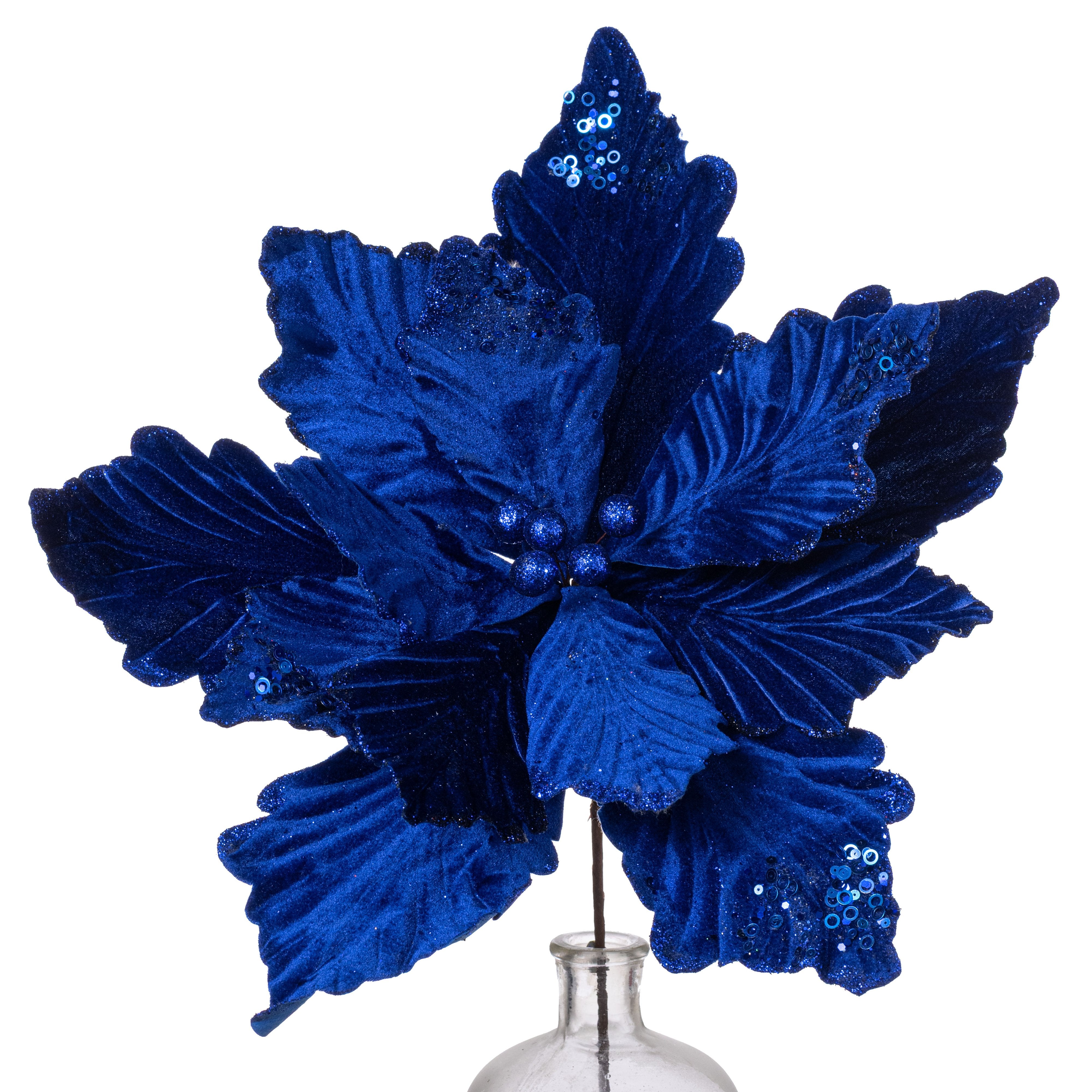 19" x 16" Deluxe Jumbo Velvet Poinsettia Stem: Royal Blue Item Number: XS401025