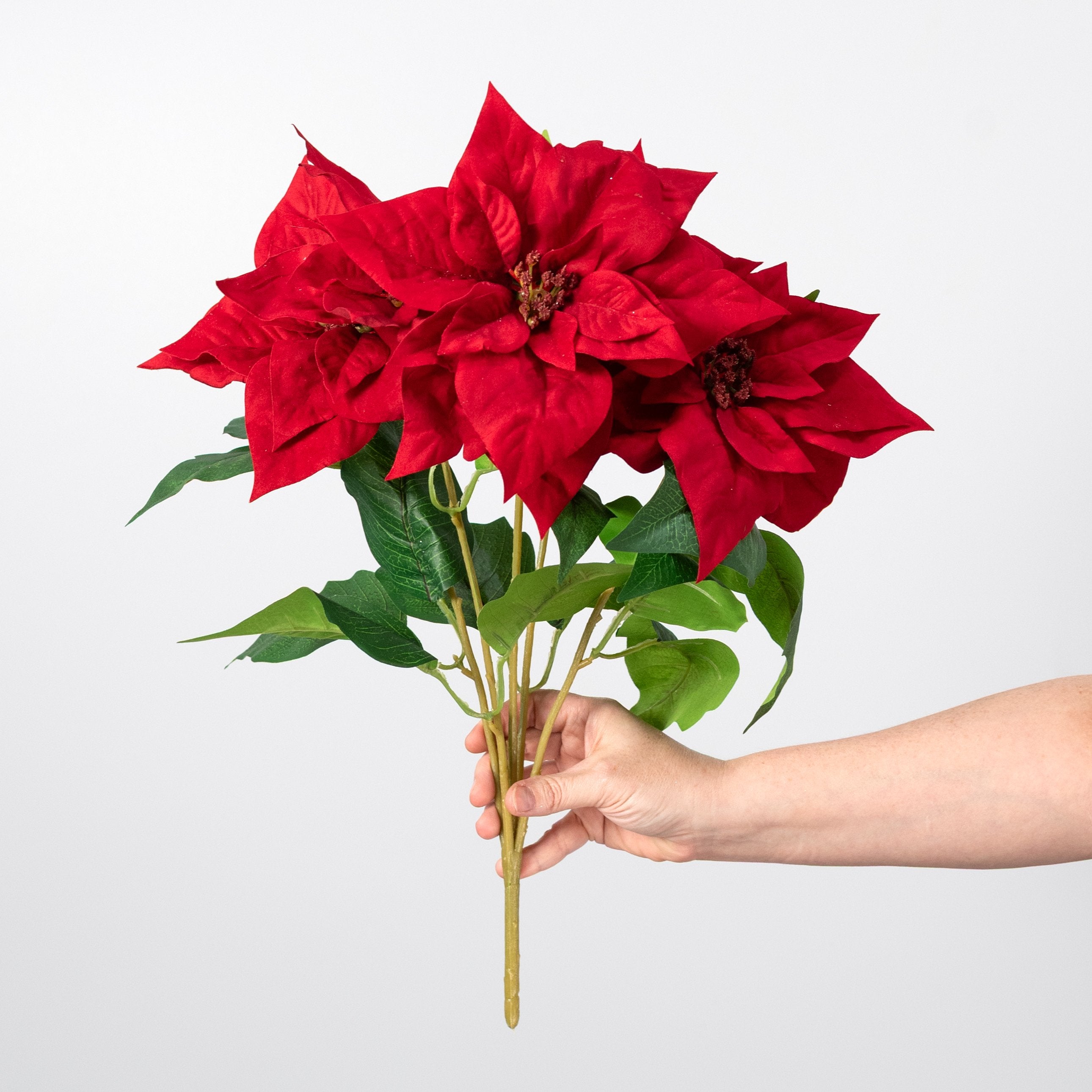19" Artificial Poinsettia Bush: Red (5 Stem) detail photo 3