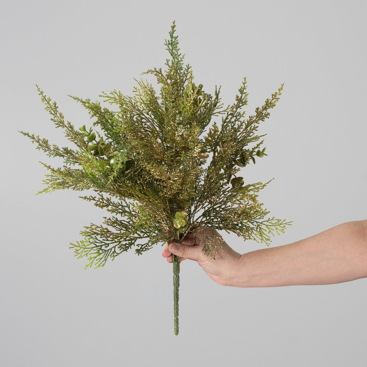 19" Glittered Cypress & Eucalyptus Bush: Evergreen & Gold detail photo 3