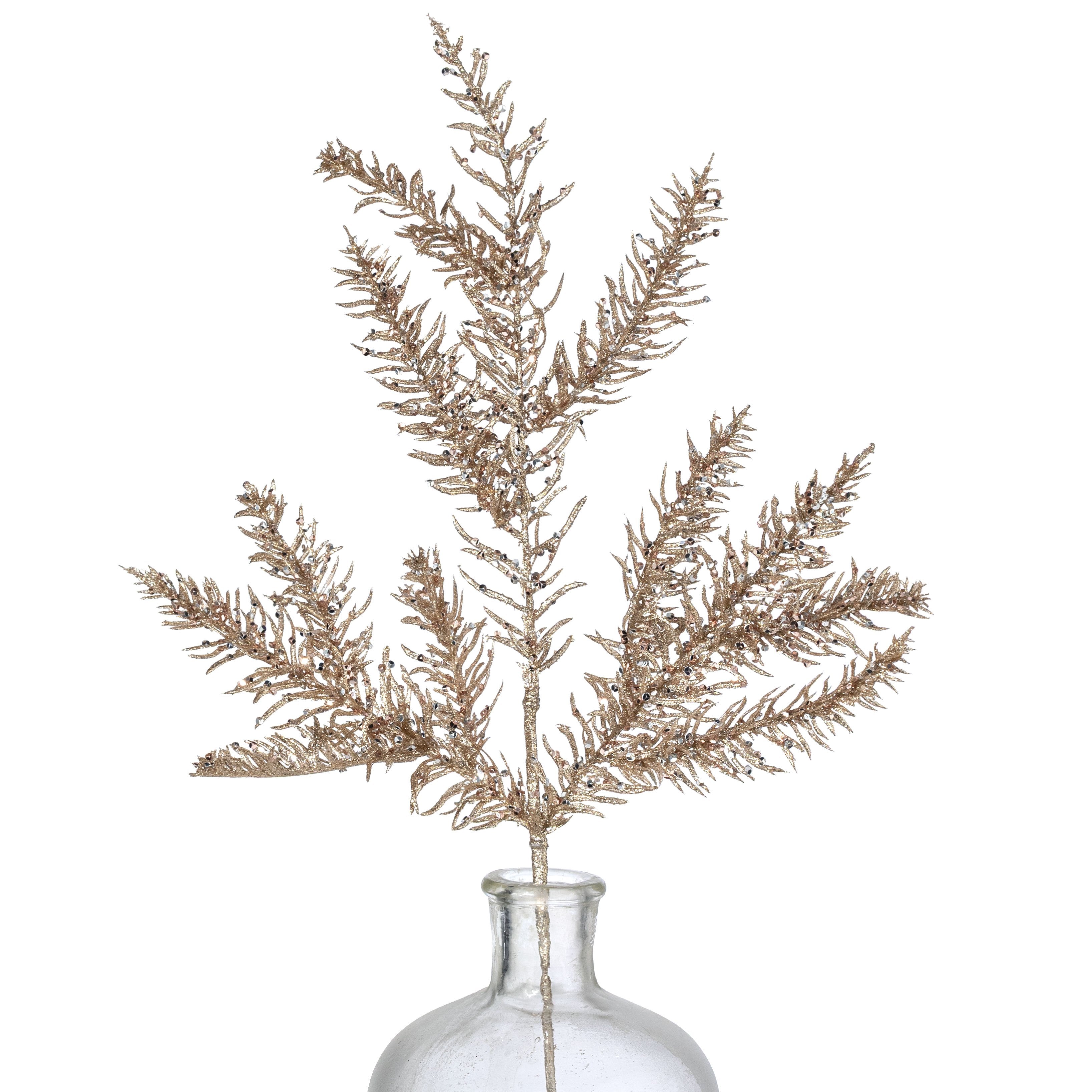 19" Glittered Noble Fir Spray: Champagne Gold Item Number: XS217149