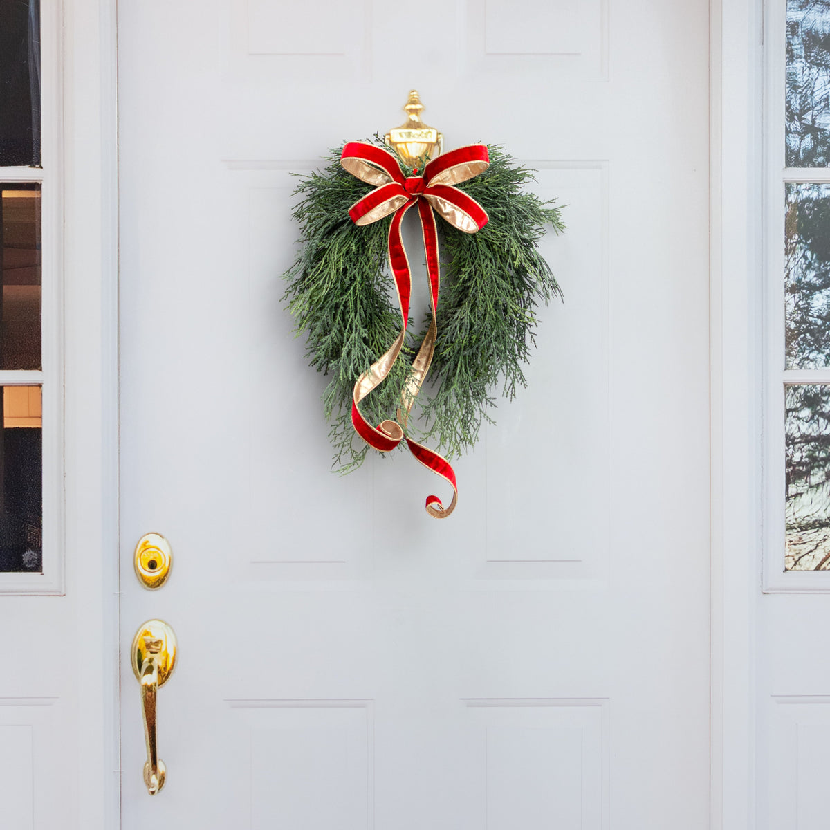 19" Soft Touch Cedar Open Teardrop Wreath: Grey Green Lifestyle Photo