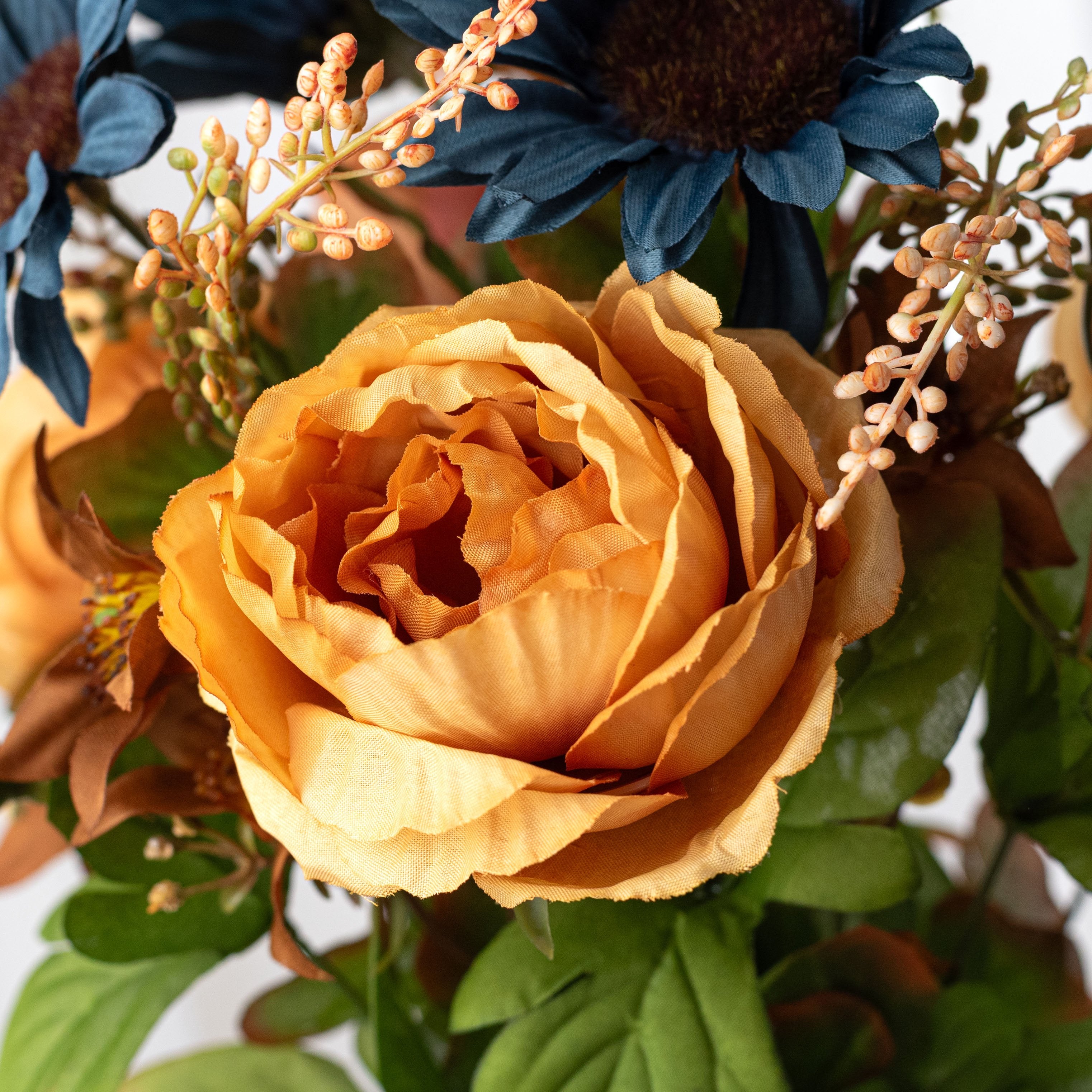 19" Sunflower, Peony & Rose Bush: Mustard & Smoke Blue (14 Stem) Lifestyle Photo