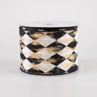 2.5" Canvas Harlequin Gold Painted Ribbon: Cream & Black (10 Yards)
