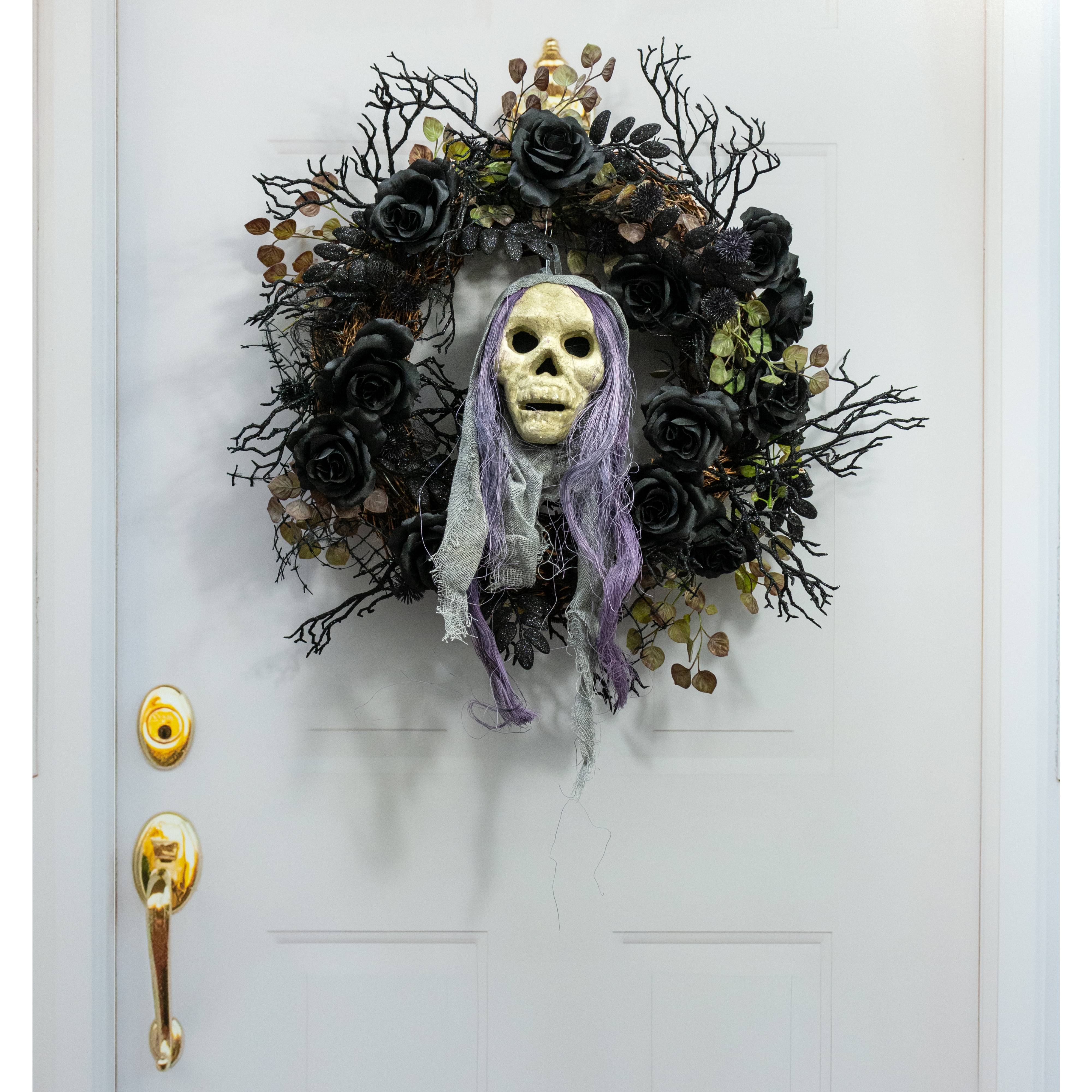 20" x 6" Styrofoam & Burlap Witch Skull: Grey & Purple