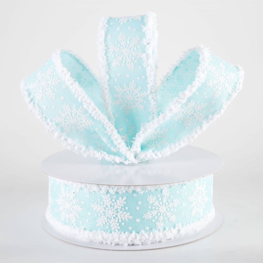 1.5" Snowflakes on Drift Fuzzy Edge Ribbon: Ice Blue (10 Yards)
