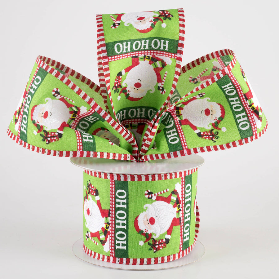2.5" Jolly Waving Santa Dash Edge Ribbon: Lime (10 Yards)
