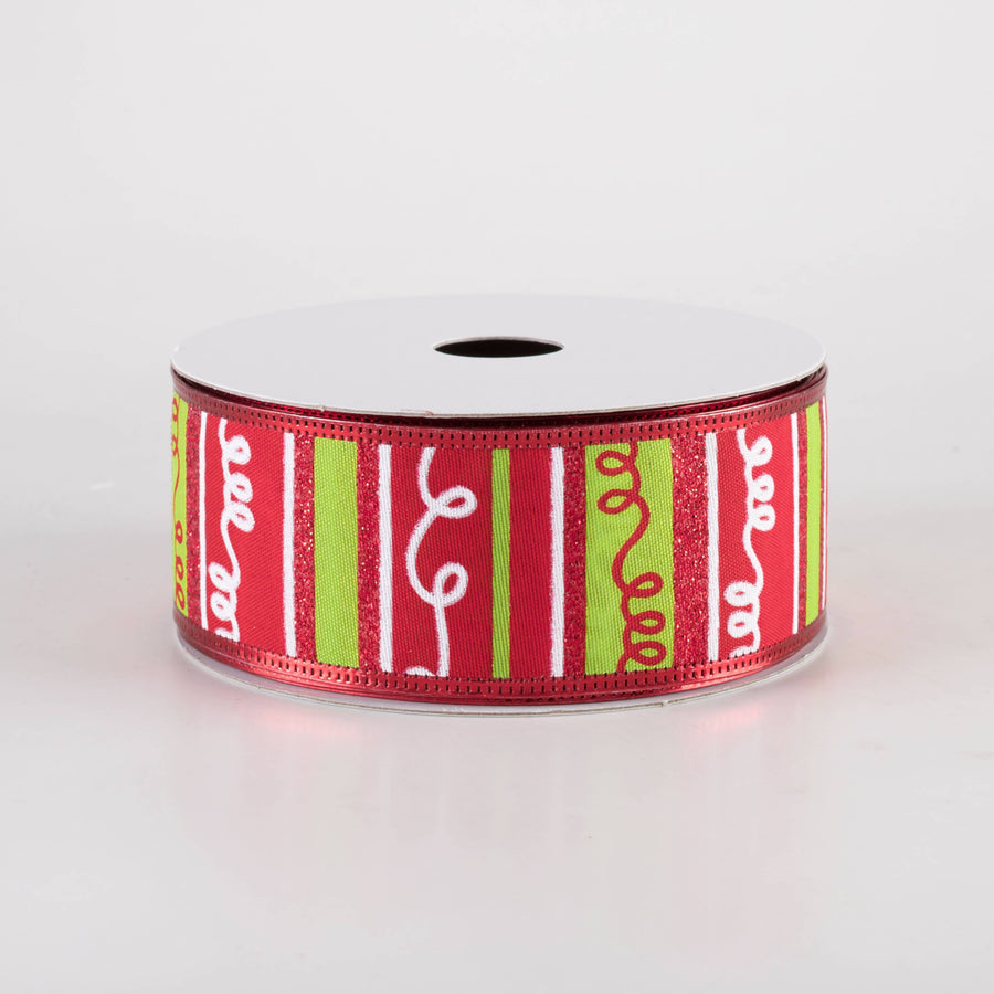 1.5" Glittered Loopy Stripes Ribbon: Red & Green (10 Yards)
