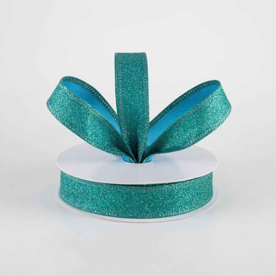 7/8" All Flat Glitter Wired Ribbon: Teal (10 Yards)