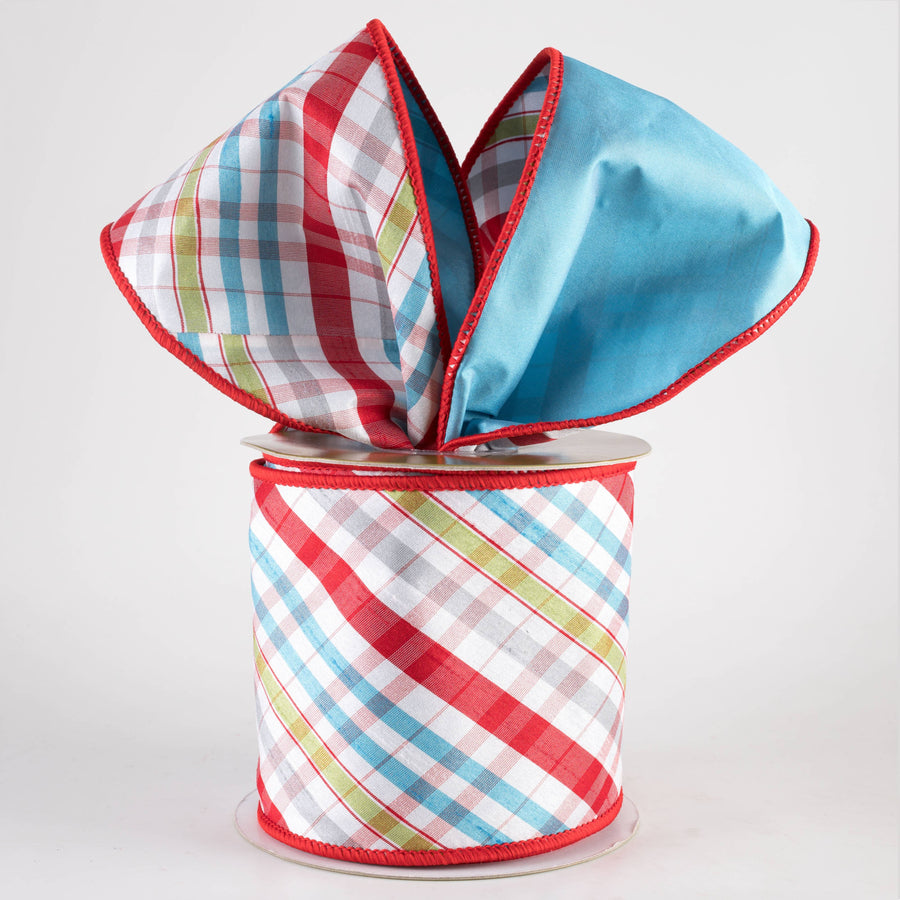 4" Designer Double Sided Plaid Ribbon: Red & Blue Multicolor (10 Yards)