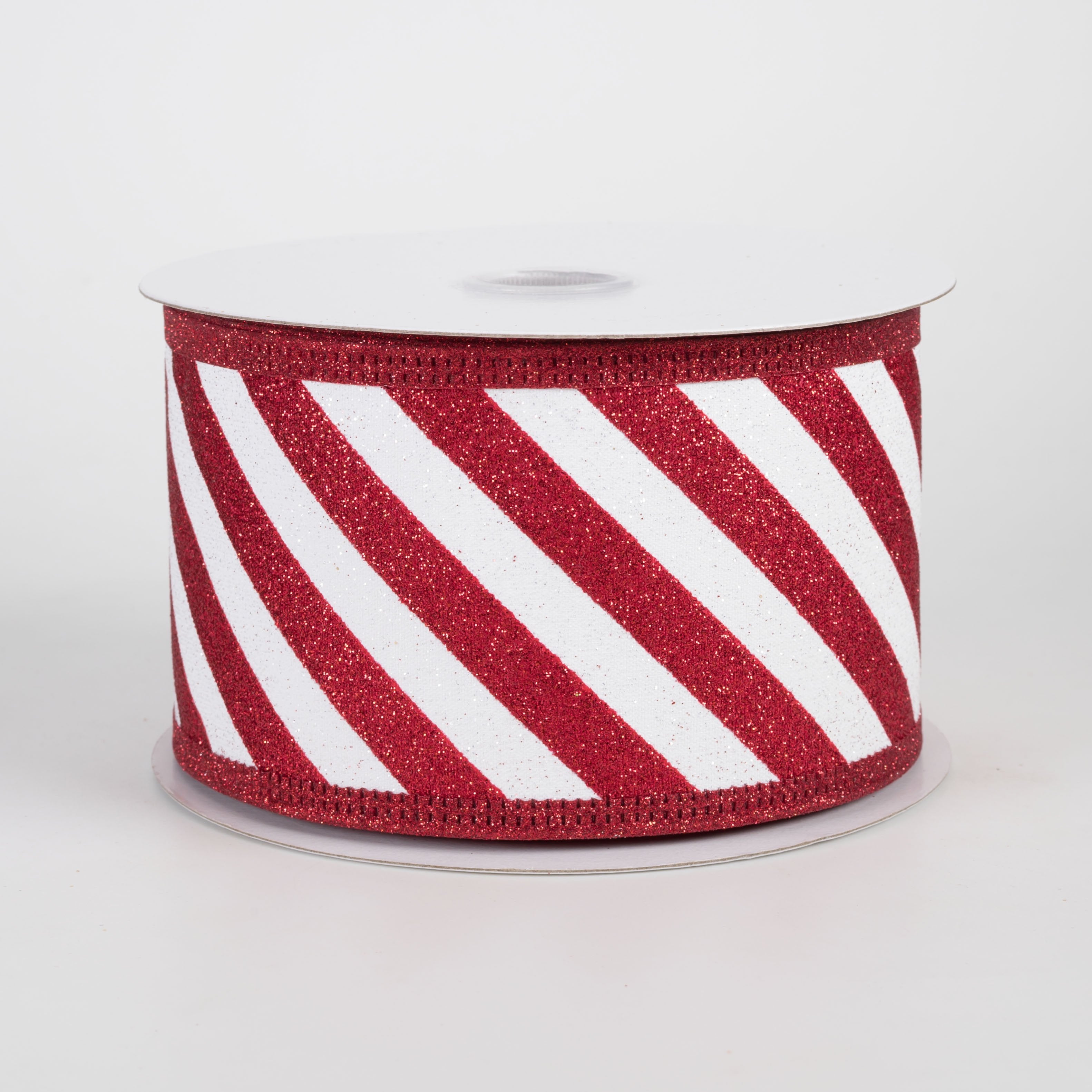 2.5" All Flat Glitter Candy Cane Stripe Ribbon: Red & White (10 Yards) Item Number: 76543-40-01