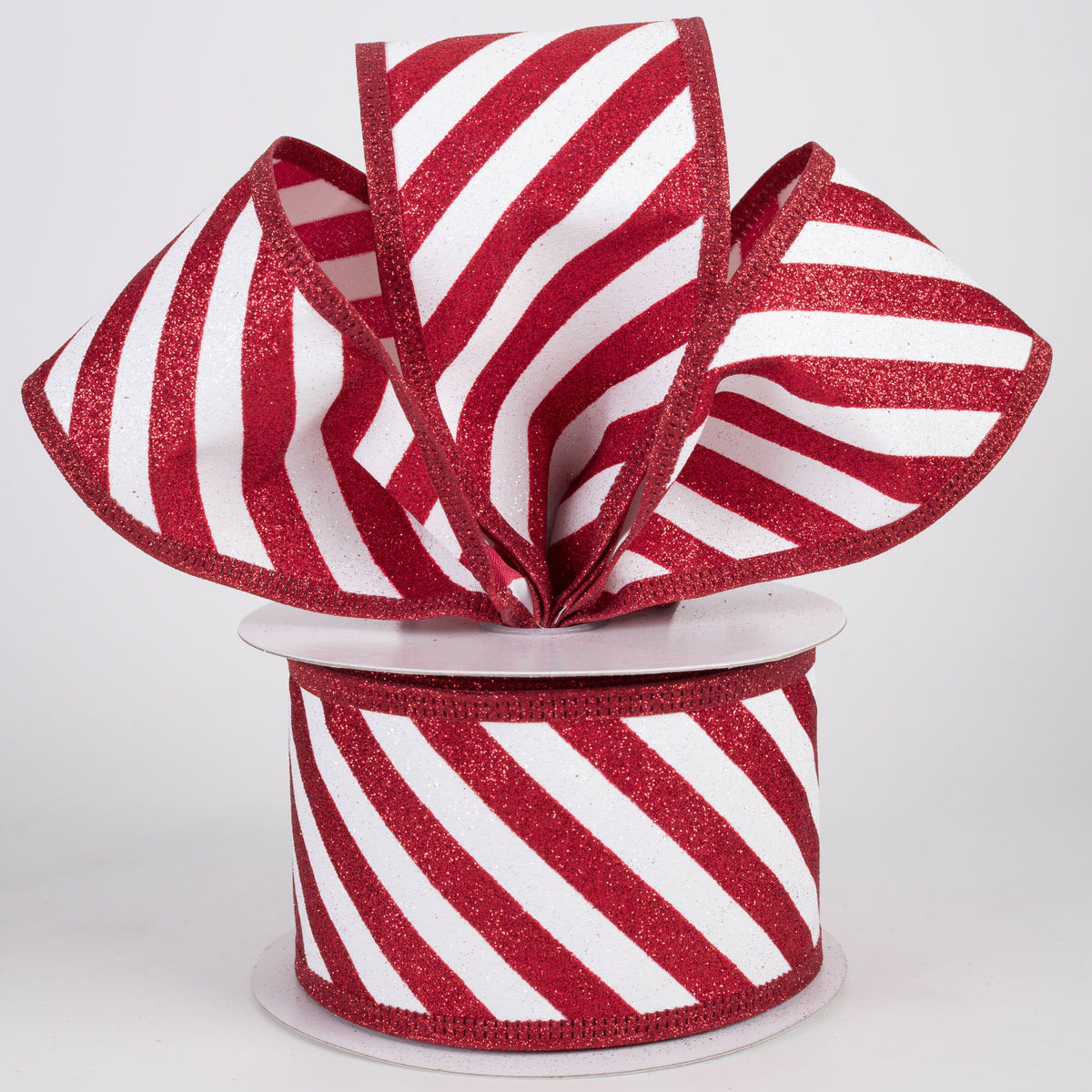 2.5" All Flat Glitter Candy Cane Stripe Ribbon: Red & White (10 Yards) Lifestyle Photo