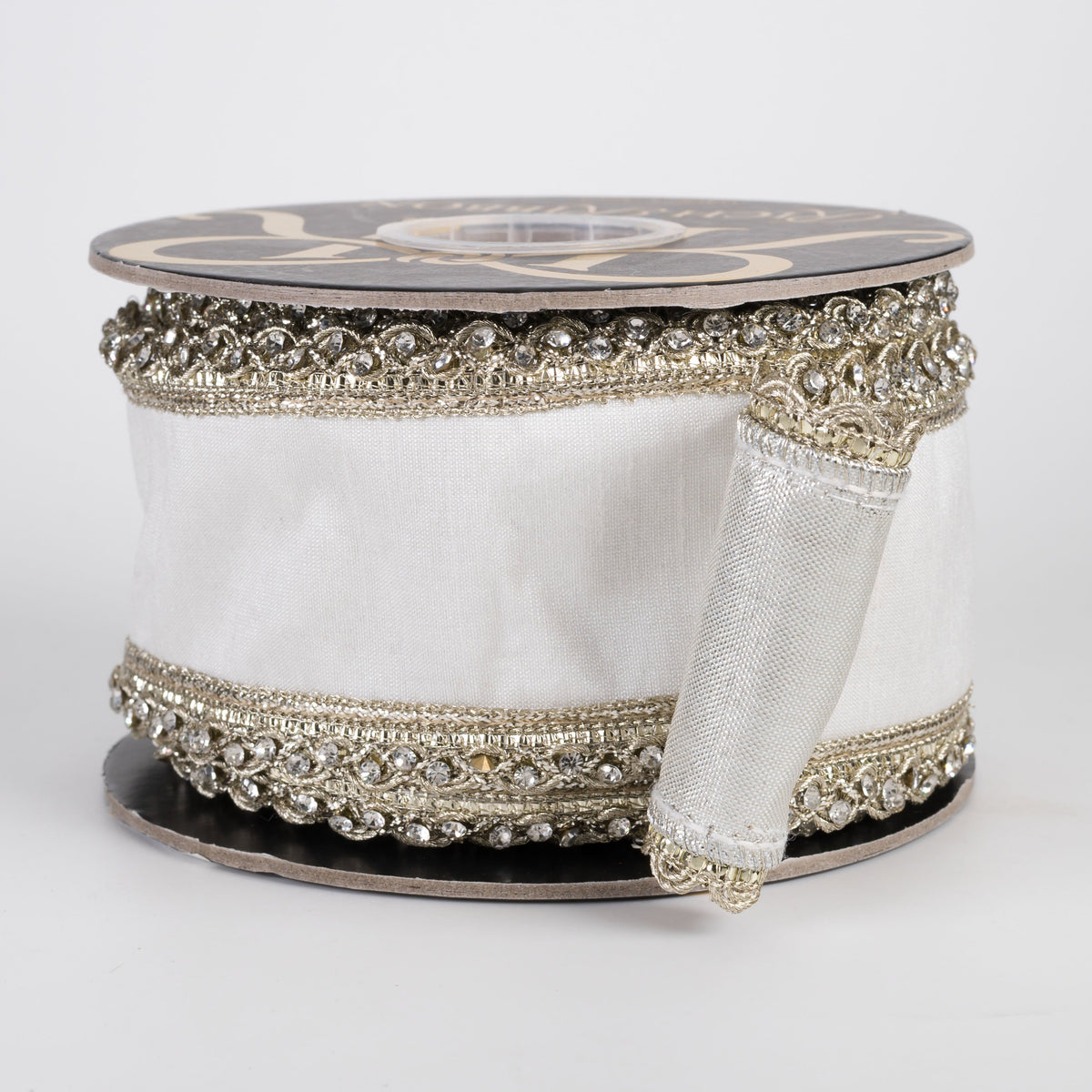 2.5" Beaded Scalloped Edge Trim Dupioni & Metallic Dupioni Fused Ribbon: Ivory & Silver (5 Yards) Item Number: RR0053