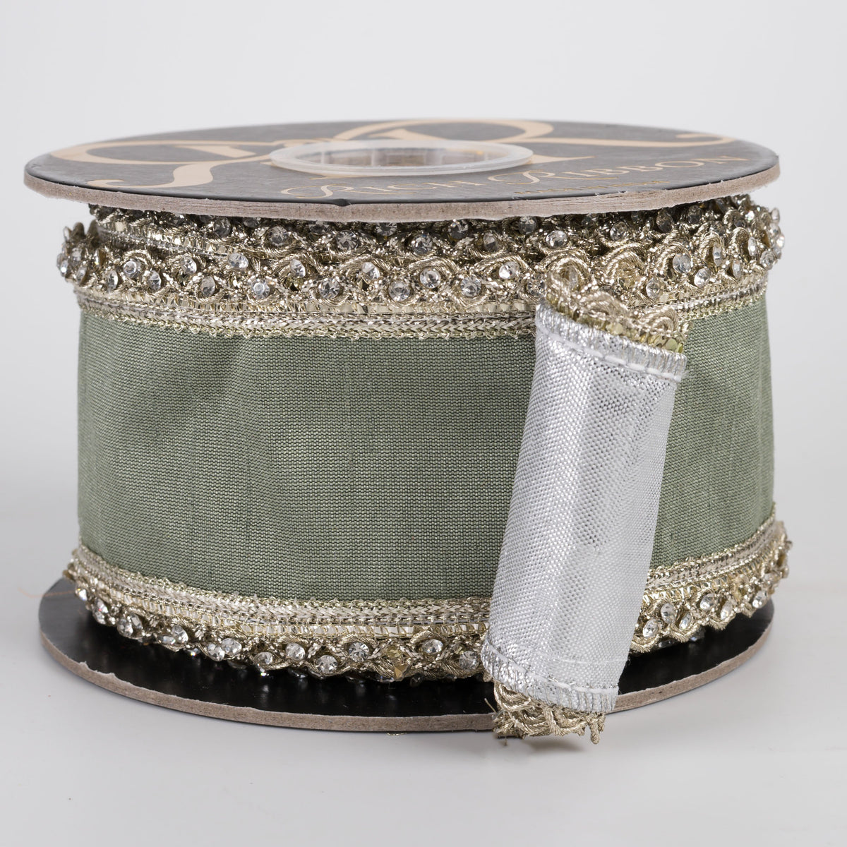 2.5" Beaded Scalloped Edge Trim Dupioni & Metallic Dupioni Fused Ribbon: Sage Green & Silver (5 Yards) Item Number: RR0040