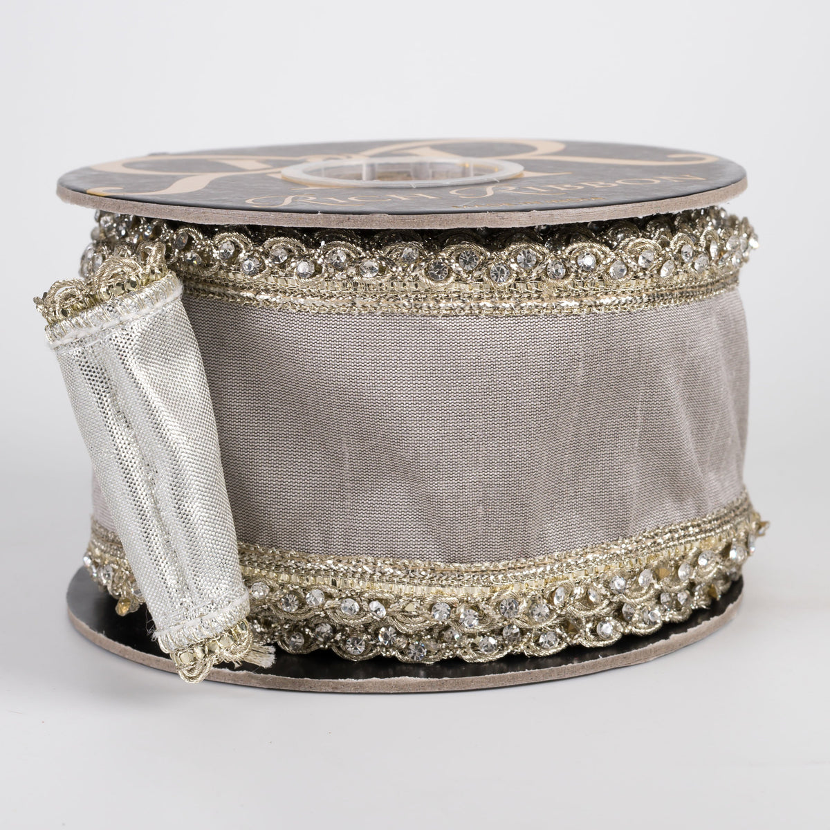 2.5" Beaded Scalloped Edge Trim Dupioni & Metallic Dupioni Fused Ribbon: Taupe & Silver (5 Yards) Item Number: RR0054