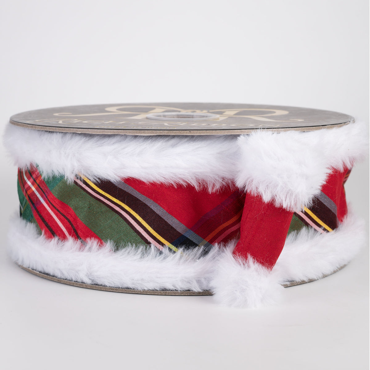 2.5" Bias Plaid Dupioni & Fused Dupioni Ribbon with Fur Piping: Red (10 Yards) Item Number: RR0009