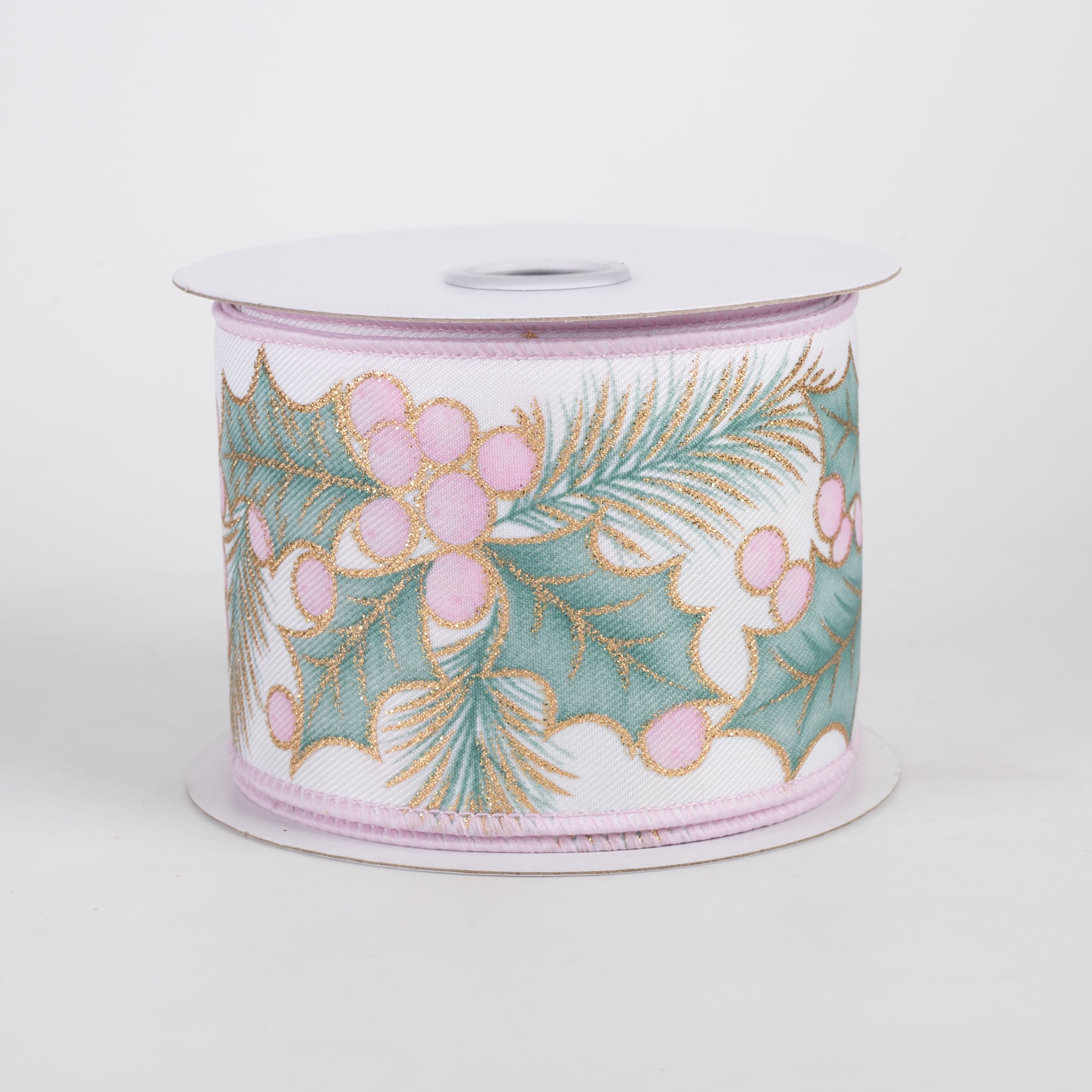 2.5" Bold Holly & Berries Ribbon: Pink, Sage & Gold (10 Yards) Item Number: RGH1524WT