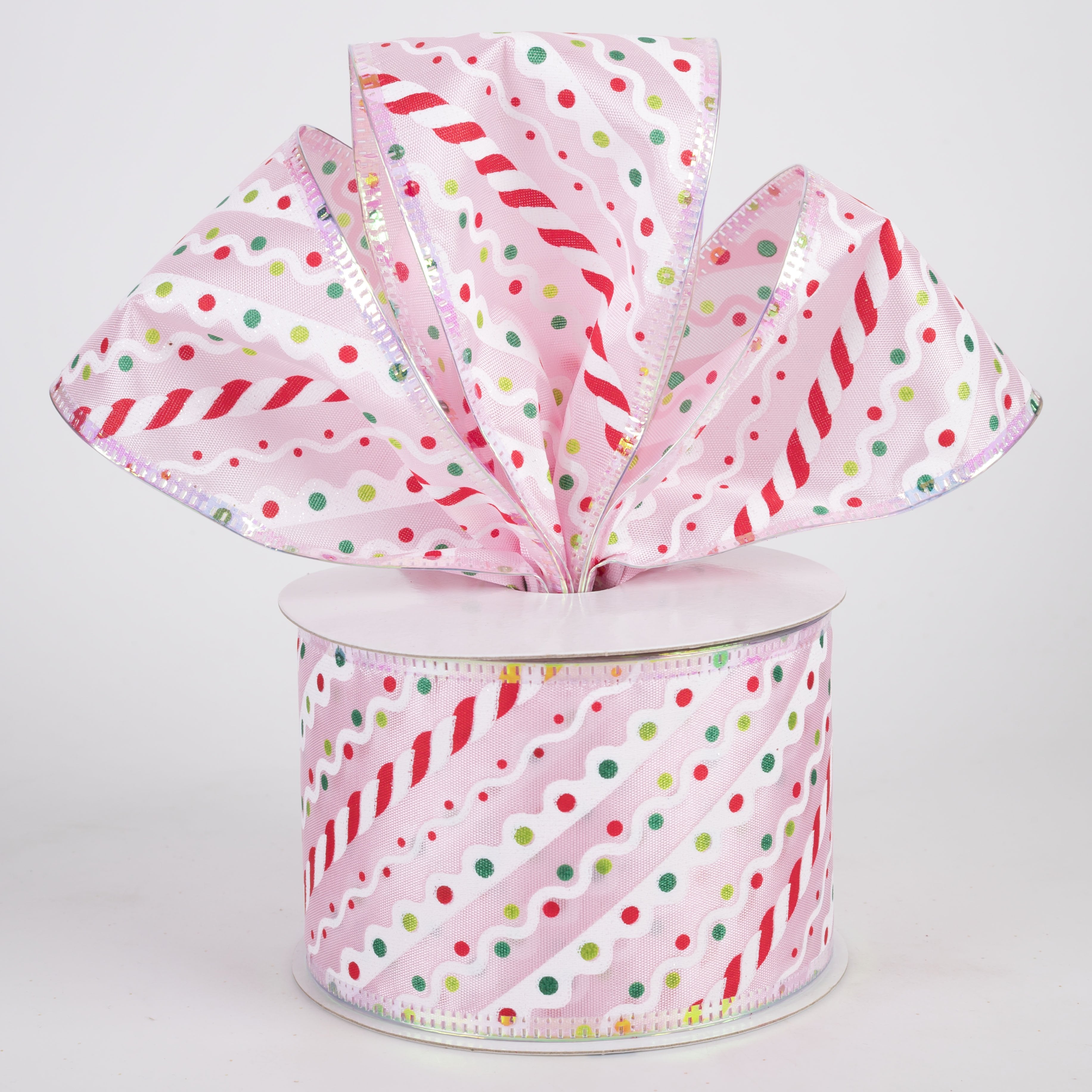 2.5" Candy Cane & Frosting Stripes Metallic Satin Ribbon: Pink (10 Yards) Lifestyle Photo