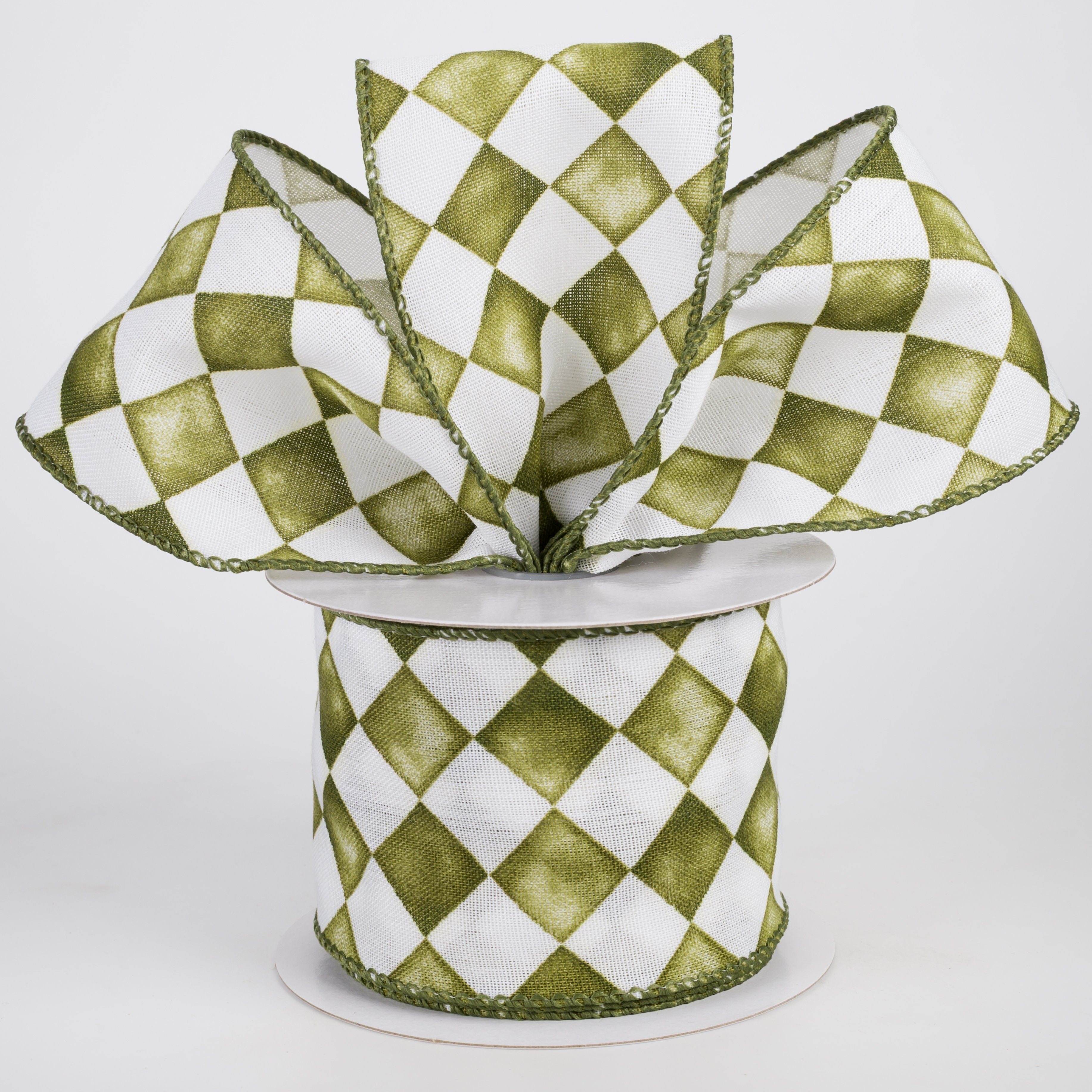 2.5" Canvas Tipsy Watercolor Checks Ribbon: Moss Green (10 Yards) Lifestyle Photo