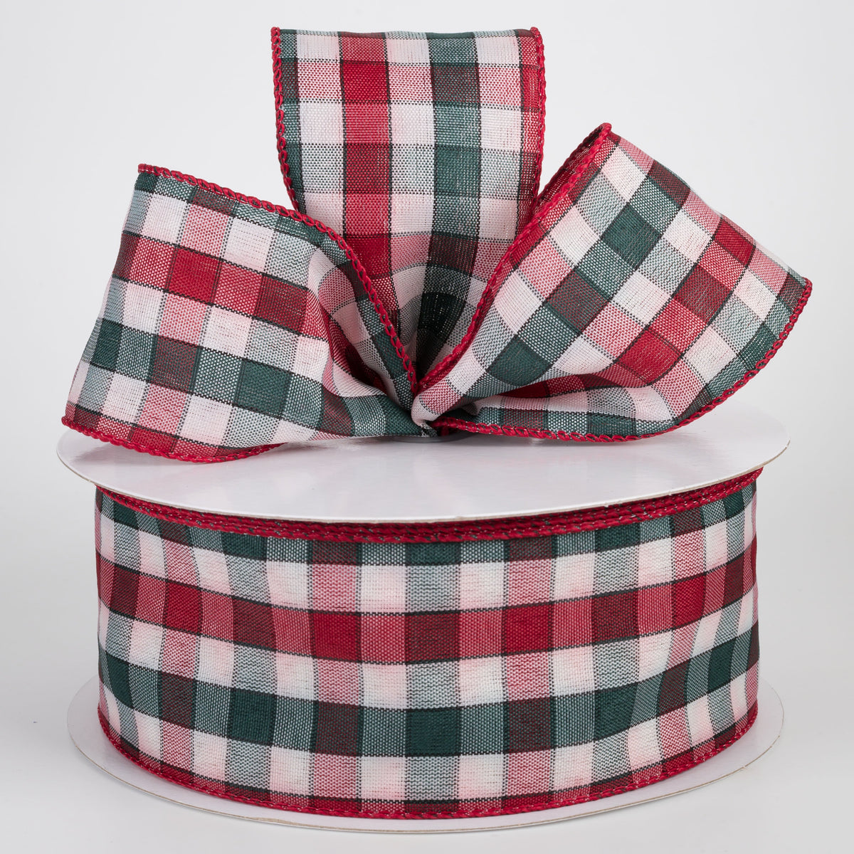 2.5" Checkered Plaid Ribbon: Red, Hunter Green & Ivory (50 Yards) Lifestyle Photo