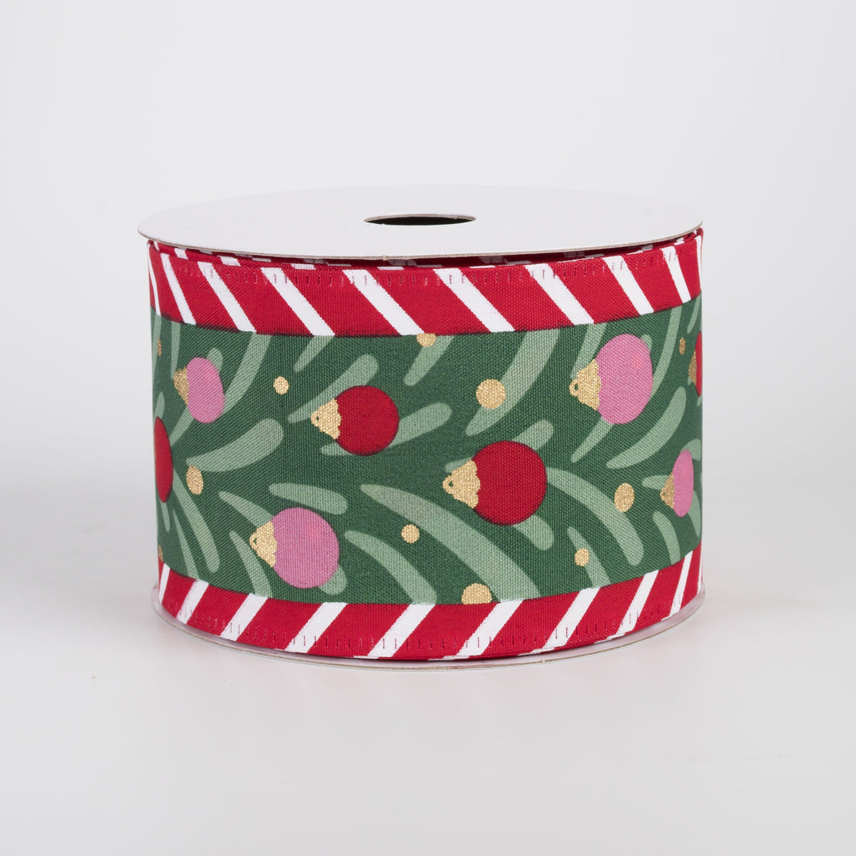 2.5" Christmas Tree & Ornaments Striped Edge Ribbon: Green, Red & Pink (10 Yards) Item Number: 76639-40-13